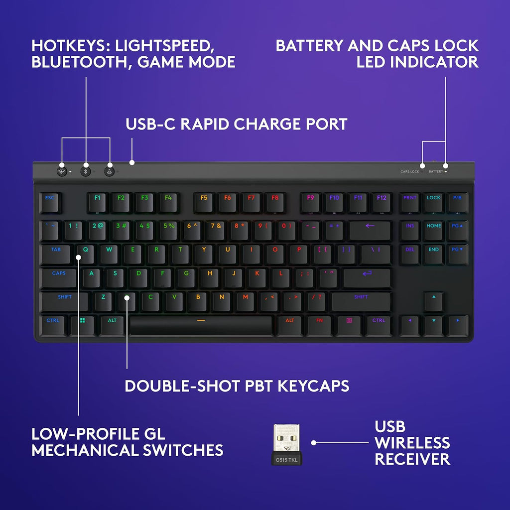 Logitech G515 Lightspeed TKL Low Profile Wireless Gaming Keyboard, LIGHTSYNC RGB, Thin Tenkeyless Design, Double-Shot PBT Keycaps, Linear (Red) Mechanical Switches - Black
