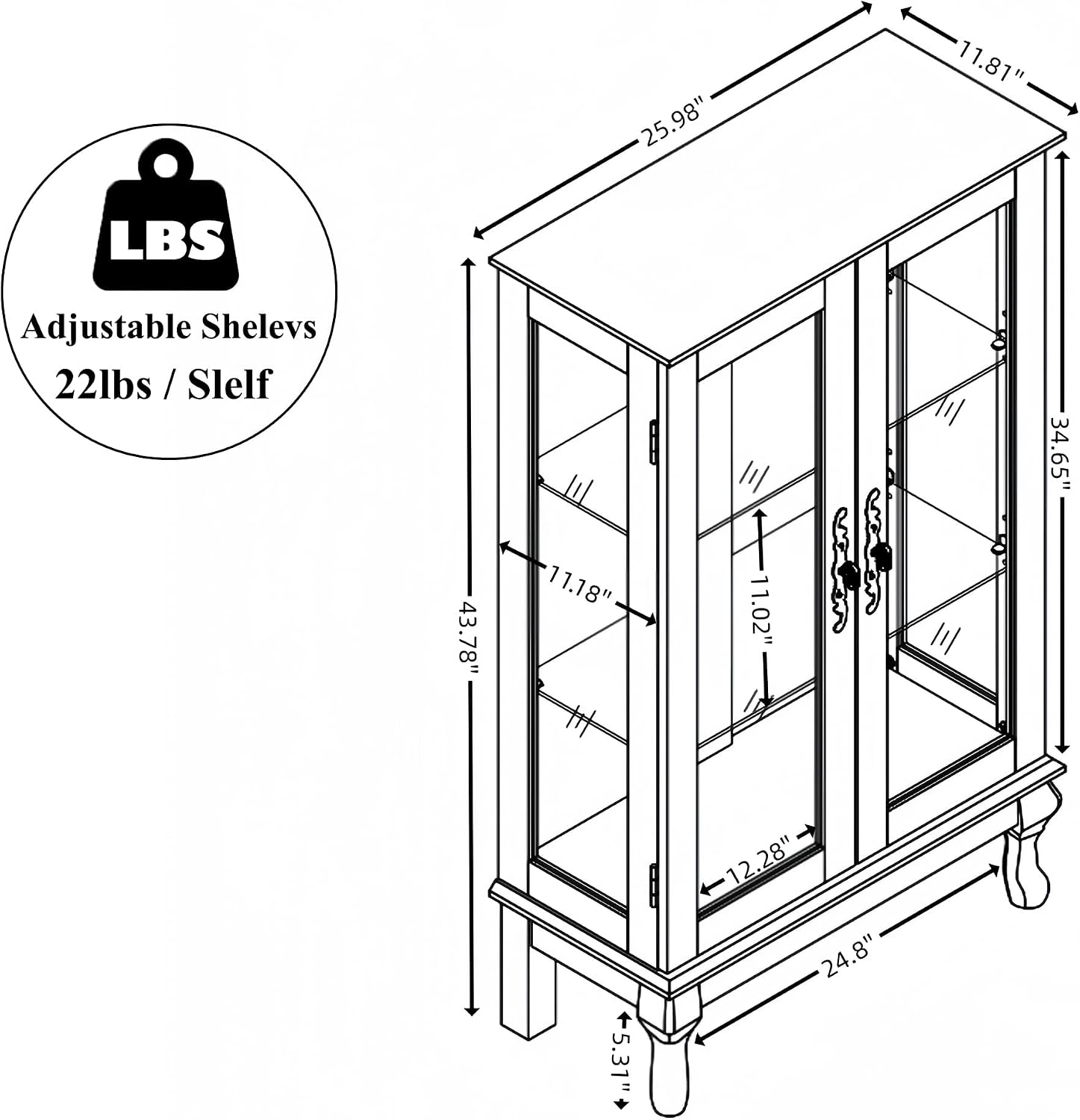 43' H Lighted Curio Cabinet Display Case, Glass Curio Cabinet with Adjustable Shelves & Tempered Glass Door, Wooden Cabinets with Mirrored Back Pane for Living Room (Antique White)