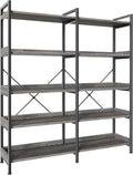 Huuger 5 Tier Bookshelf, Display Bookshelf with 10 Open Shelves and Raised Baffle, 47.2 Inch Straight Wide Bookcase with Metal Frame and Wooden Board, Adjustable Feet, Grey