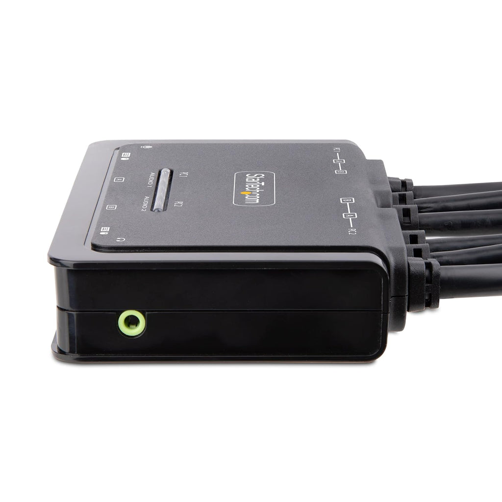 StarTech.com 2-Port Dual-Monitor DisplayPort Cable KVM Switch, 4K 60Hz, Compact KVM with 5ft/1.5m USB-A/DisplayPort/Audio Integrated Cables, Bus Powered, Remote/Hotkey Switching (C2-DD46-UA2-CBL-KVM)