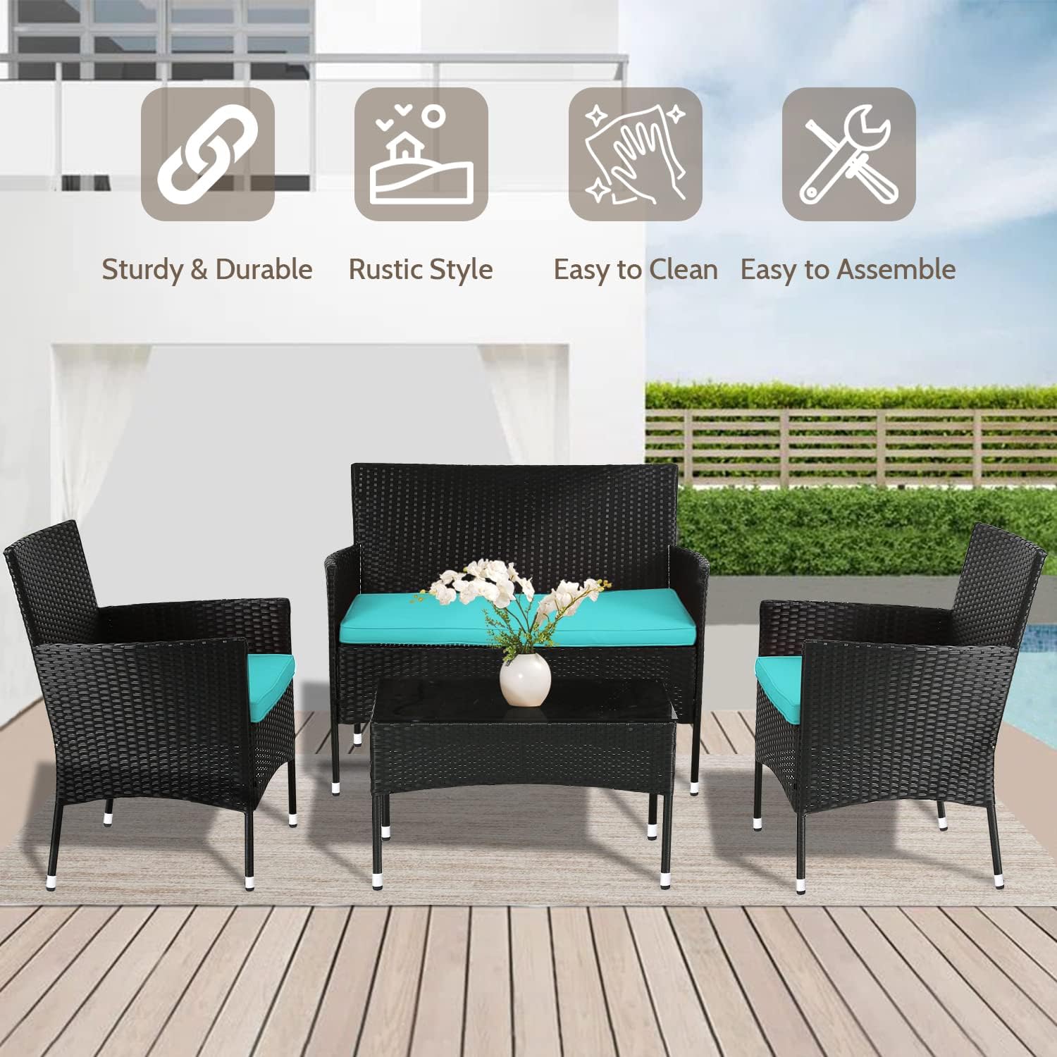 FDW Rattan Furniture Wicker Chair Patio Bristo Set for Outdoor Indoor Use with Loveseats Coffee Table,Blue Cushion, 4-Pieces
