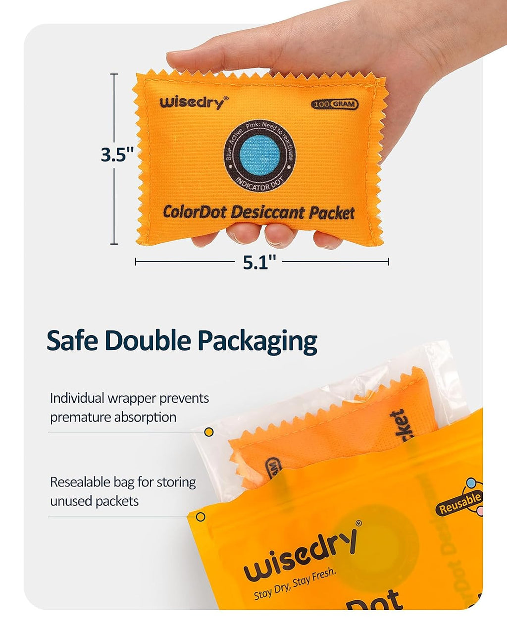 wisedry 100g [20 Packs] Rechargeable Desiccant Packs for Storage, Color Indicating Silica Gel Desiccant Packets, Reusable Moisture Absorbers Bags for Storage Bins, Suitcase, Gun Safe, Tool Box