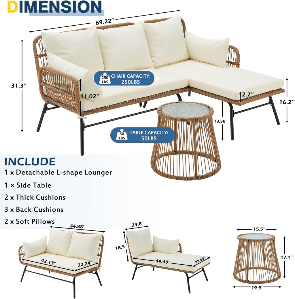 EROMMY 3 Piece Patio Furniture Set, L-Shaped Sectional Conversation Sofa Set with Thick Cushions and Toughened Glass Coffee Table for Backyard Balcony Garden Porch, White