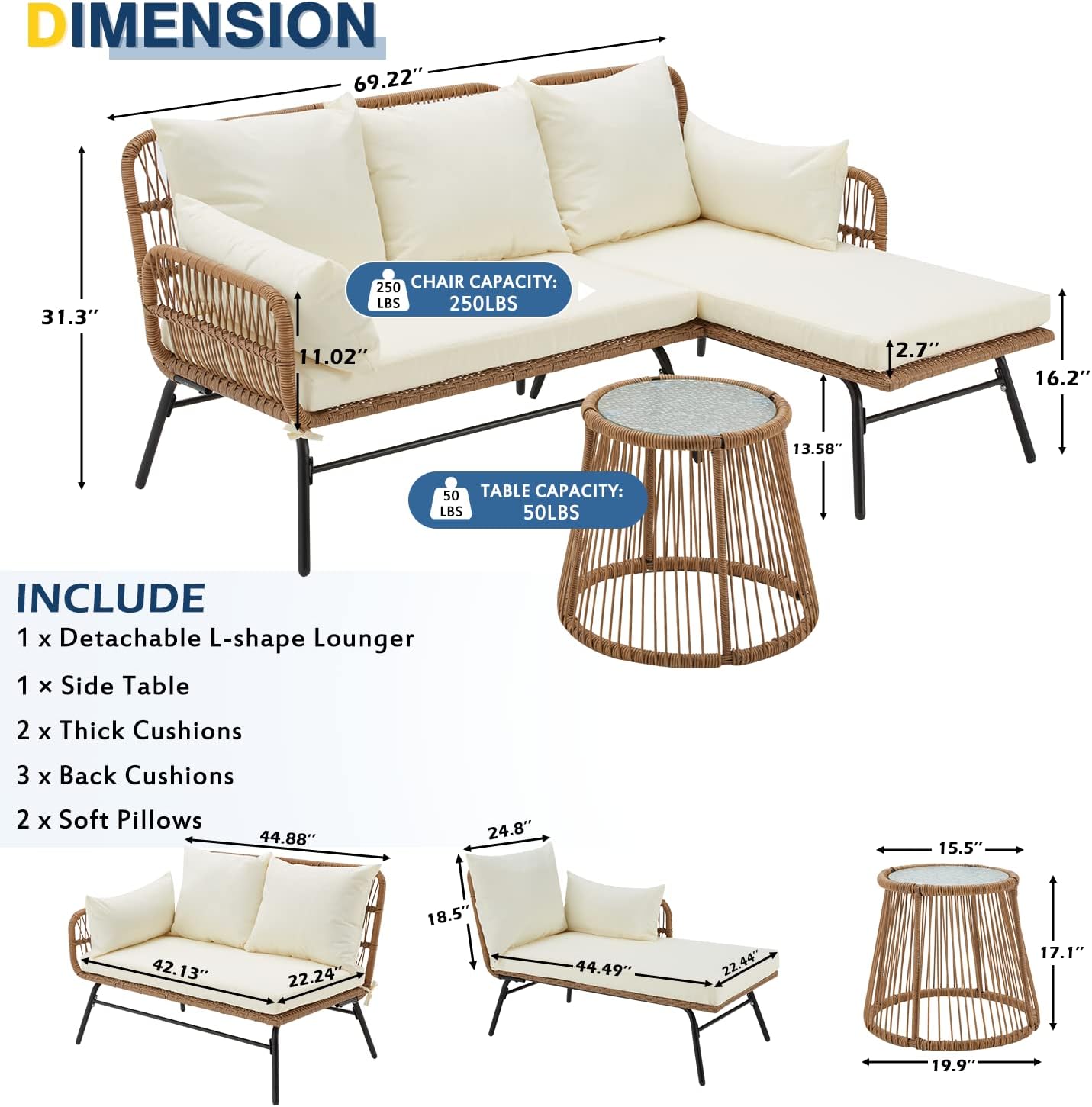 EROMMY 3 Piece Patio Furniture Set, L-Shaped Sectional Conversation Sofa Set with Thick Cushions and Toughened Glass Coffee Table for Backyard Balcony Garden Porch, White