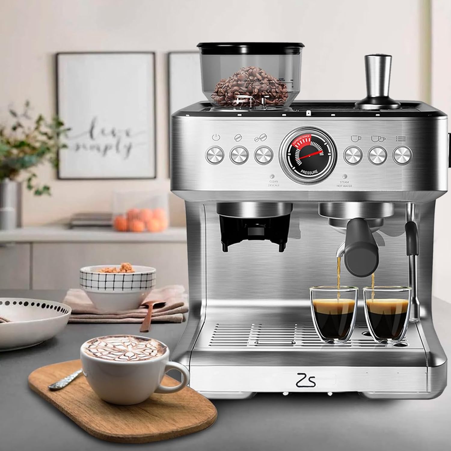 GlowSol Espresso Machine with Bean Grinder, Semi Automatic Espresso Machine, 20-Bar Espresso Maker with Milk Frother Steam Wand 2.8L Water Tank, Home Espresso Coffee Maker for Latte, Cappuccino