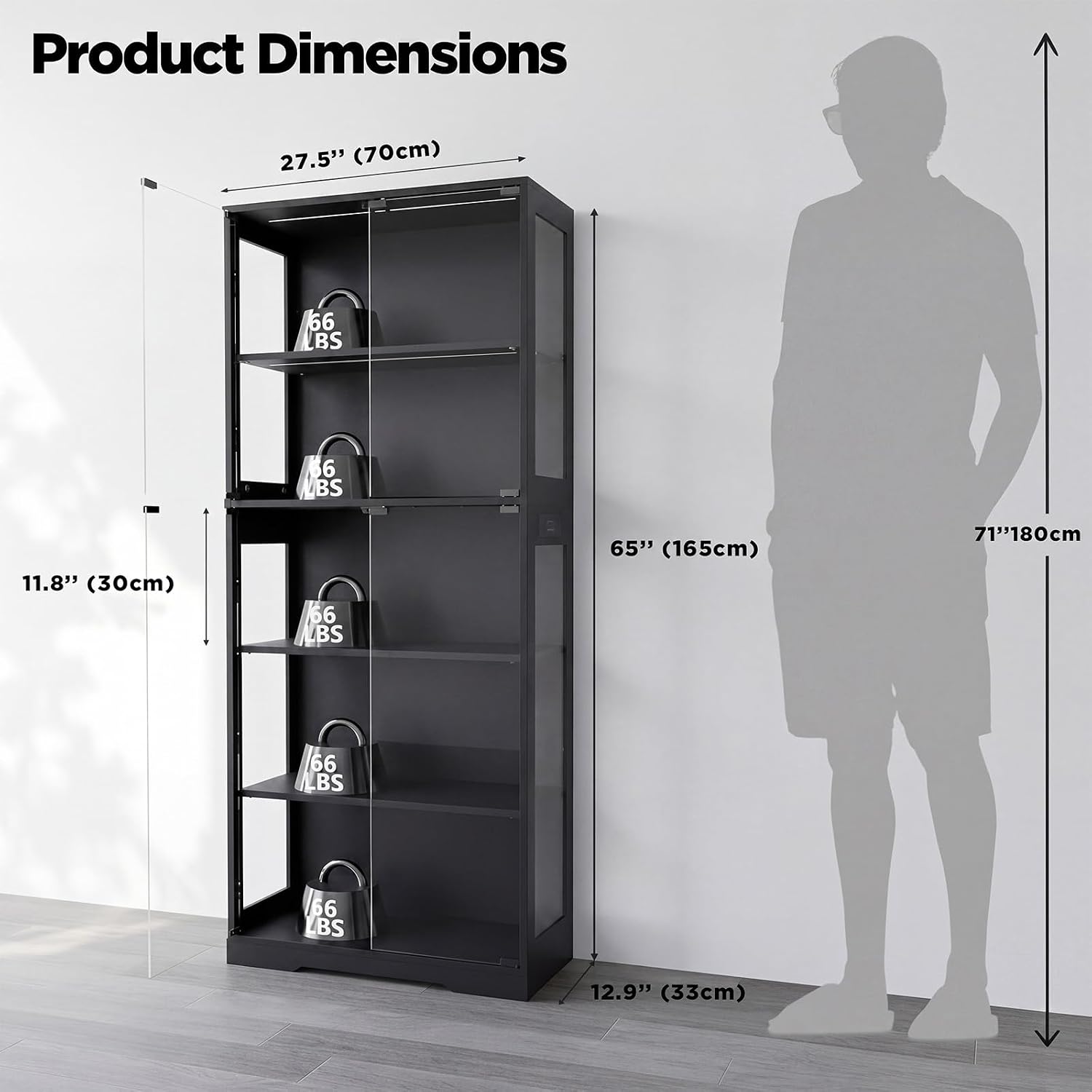 Glass Display Cabinet, 5-Tier Curio Cabinet with Glass Doors, Dimming LED Lights & Motion Sensor, for Collectible Figures, Living Room, Bedroom, or Office (Wooden Frame Black)