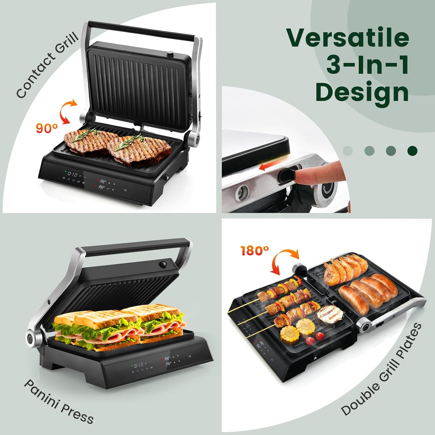 ARLIME Panini Grill Press Sandwich Maker, 180 Degrees w/5 Auto Cooking Modes & LED Display, 1200W Electric Indoor Grill with Removable Plates & Drip Tray, 3 in 1 Panini Press Grill for Breakfast