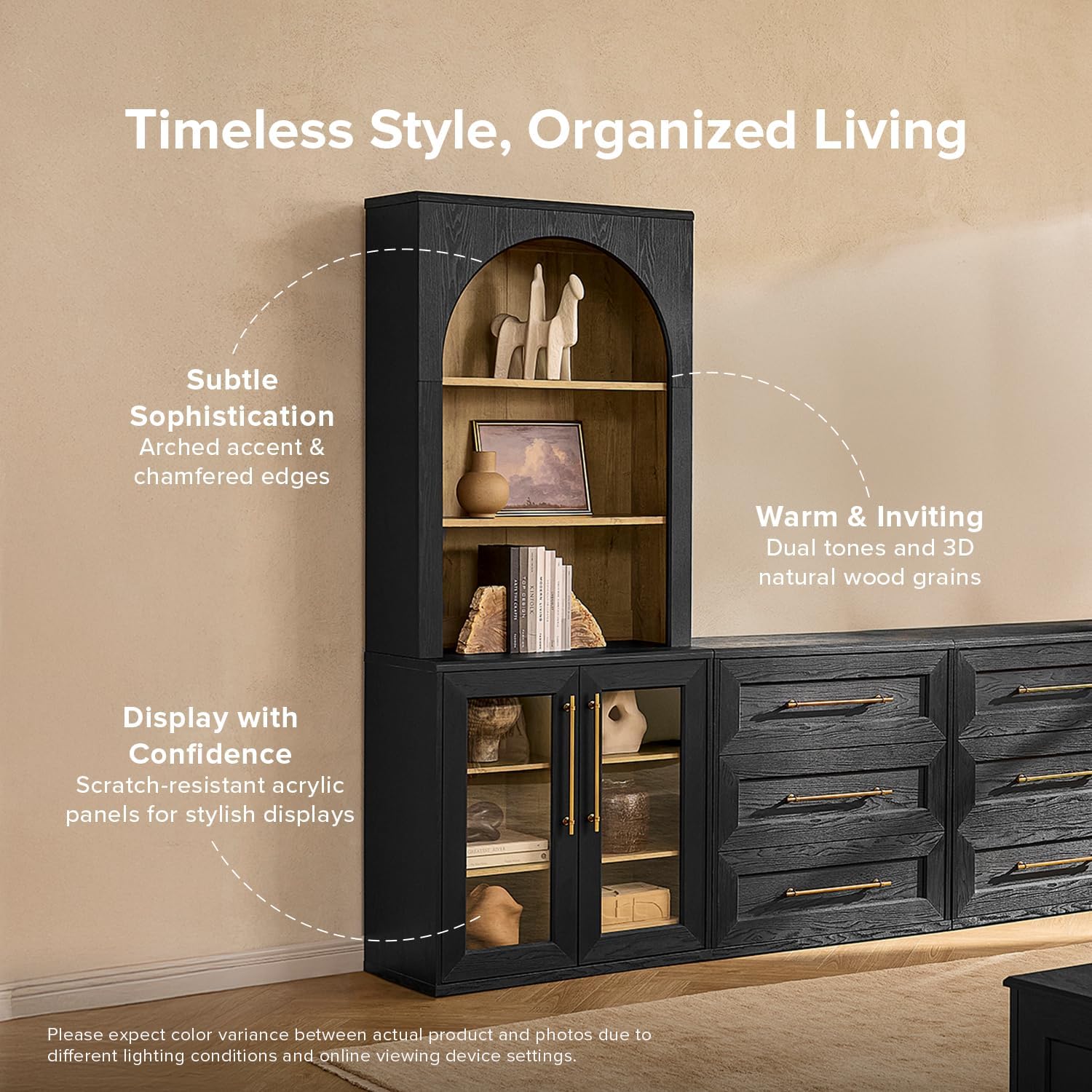 mopio Blake Storage Cabinet with Hutch, Sideboard Buffet Cabinet with Storage, Kitchen Pantry Organizer, Coffee Bar Station, Trophy Display Case with Door & Shelf for Living Room (Black Oak Acrylic)