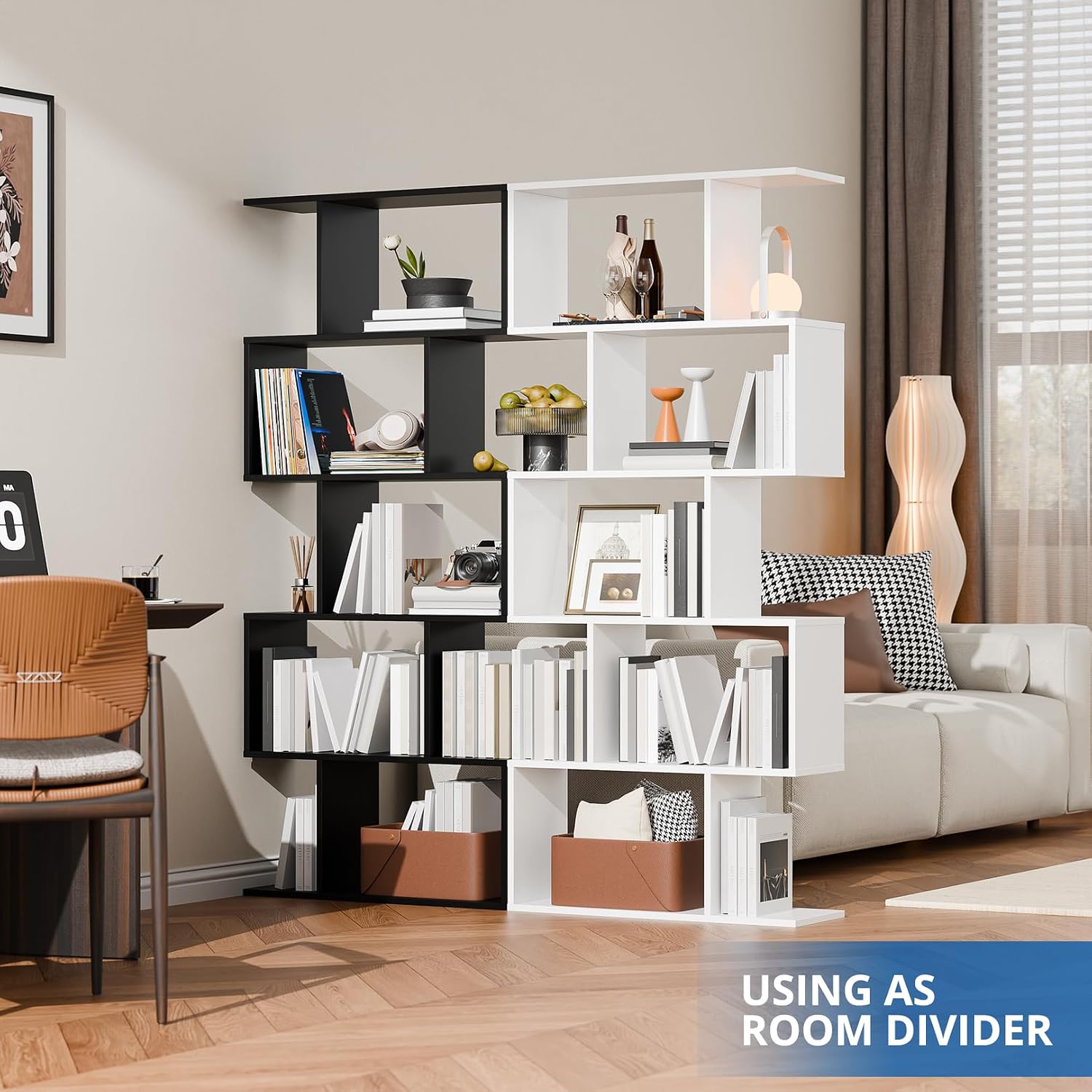 Cozy Castle Set of 2 Geometric Bookcase, S-Shaped Modern Bookshelf, Room Divider Bookshelf, 62' Tall Unique Abstract Bookcase with 5-Tier Display Shelf for Living Room Office, White & Black