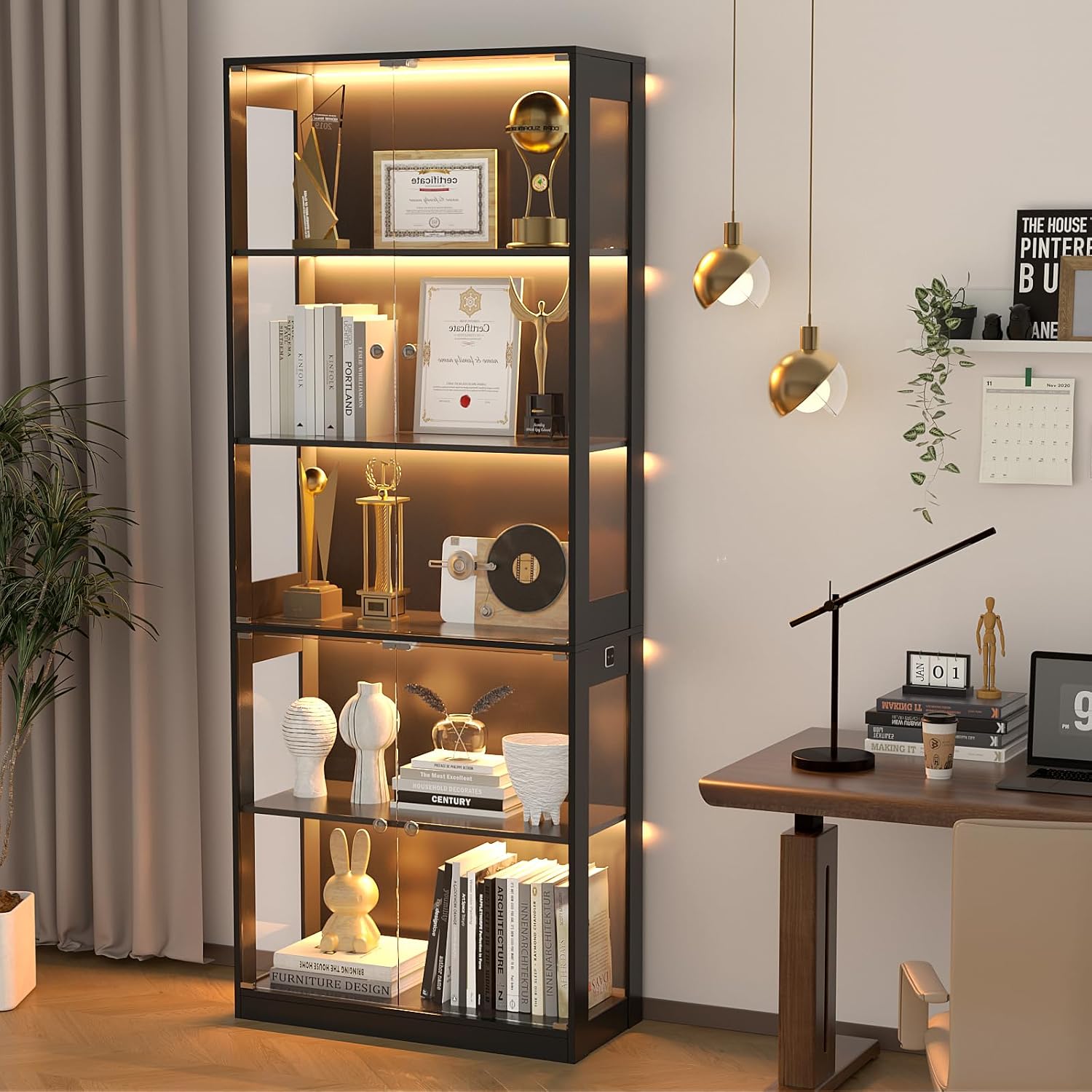 VOWNER 80'' Display Cabinet with Glass Door, 5-Tier Curio Cabinet for Collectibles Trophy, Glass Display Case with Human Body Sensor, 3 Color Lights, Bookcase Storage Cabinets for Living Room, Study