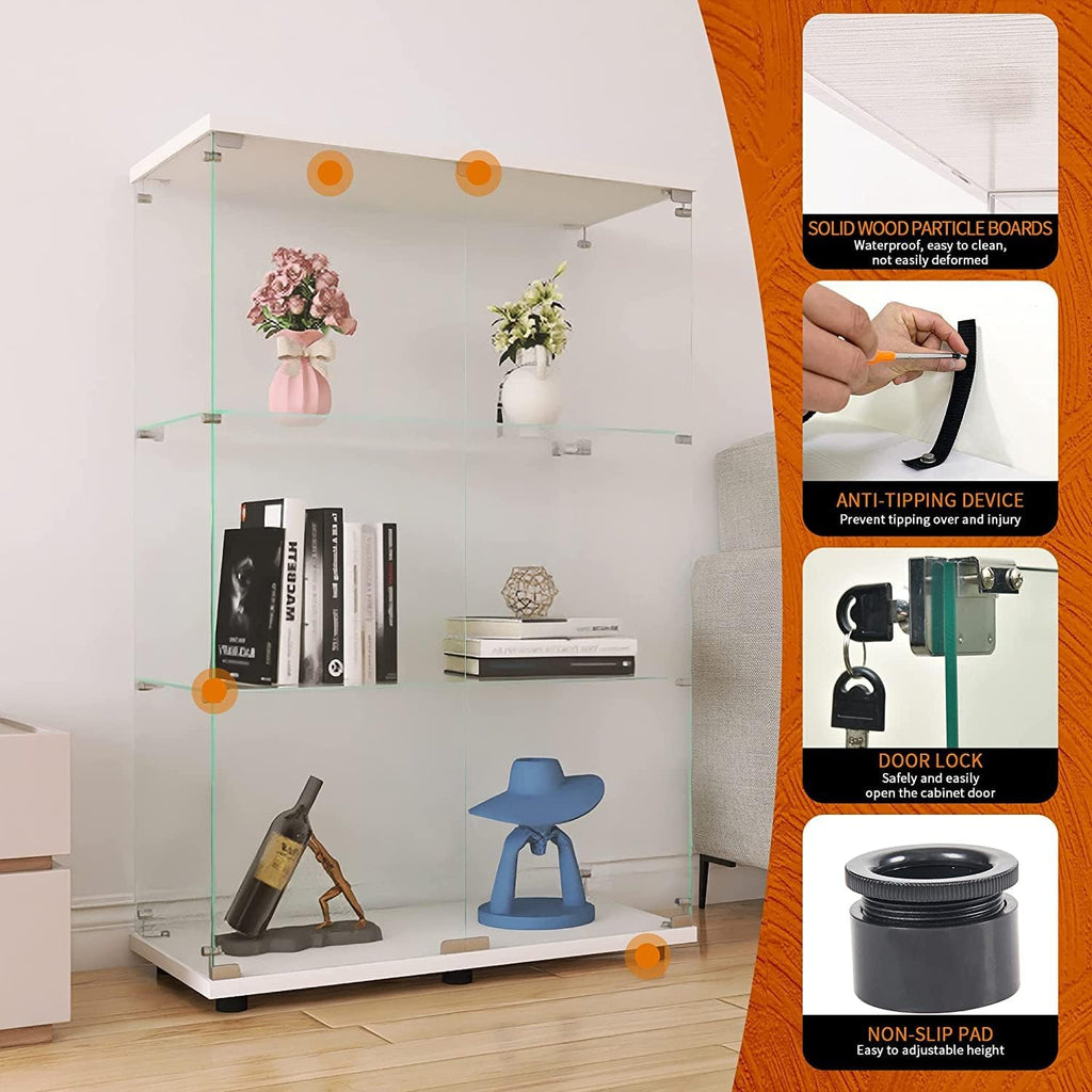 Beauty4U 2-Door Glass Display Cabinet, White Curio Cabinets for Living Room, Bedroom, Office, Collection Display, Quick Installation in 30 Mins, 3 Shelves White Floor Standing Glass Bookshelf