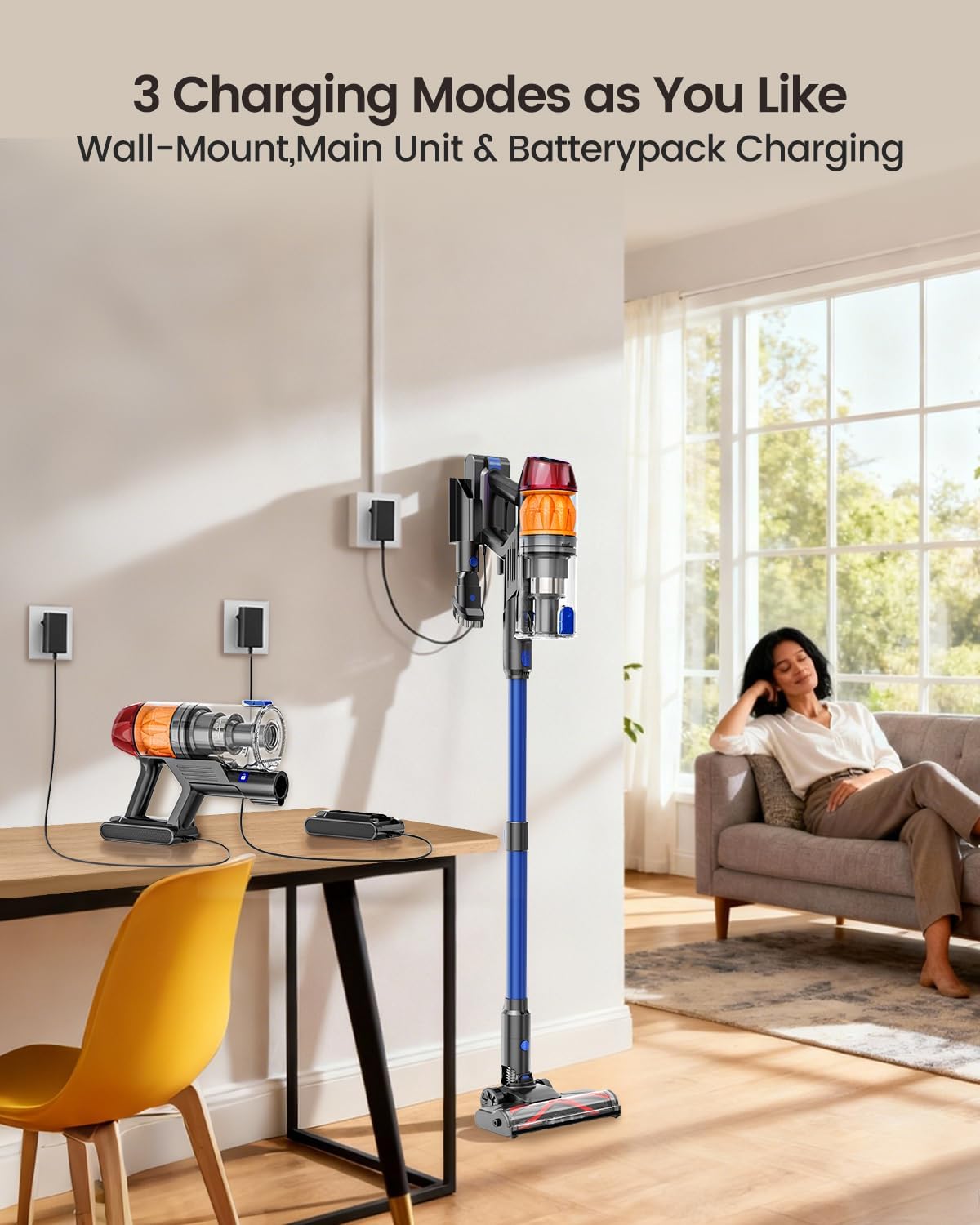 Cordless Vacuum Cleaner, 500W Vacuum Cleaners for Home Pet Hair, 60Mins Cordless Stick Vacuums with LED Display, Anti-Tangle, Lightweight Vacuum for Hard Floors, Carpet,Blue