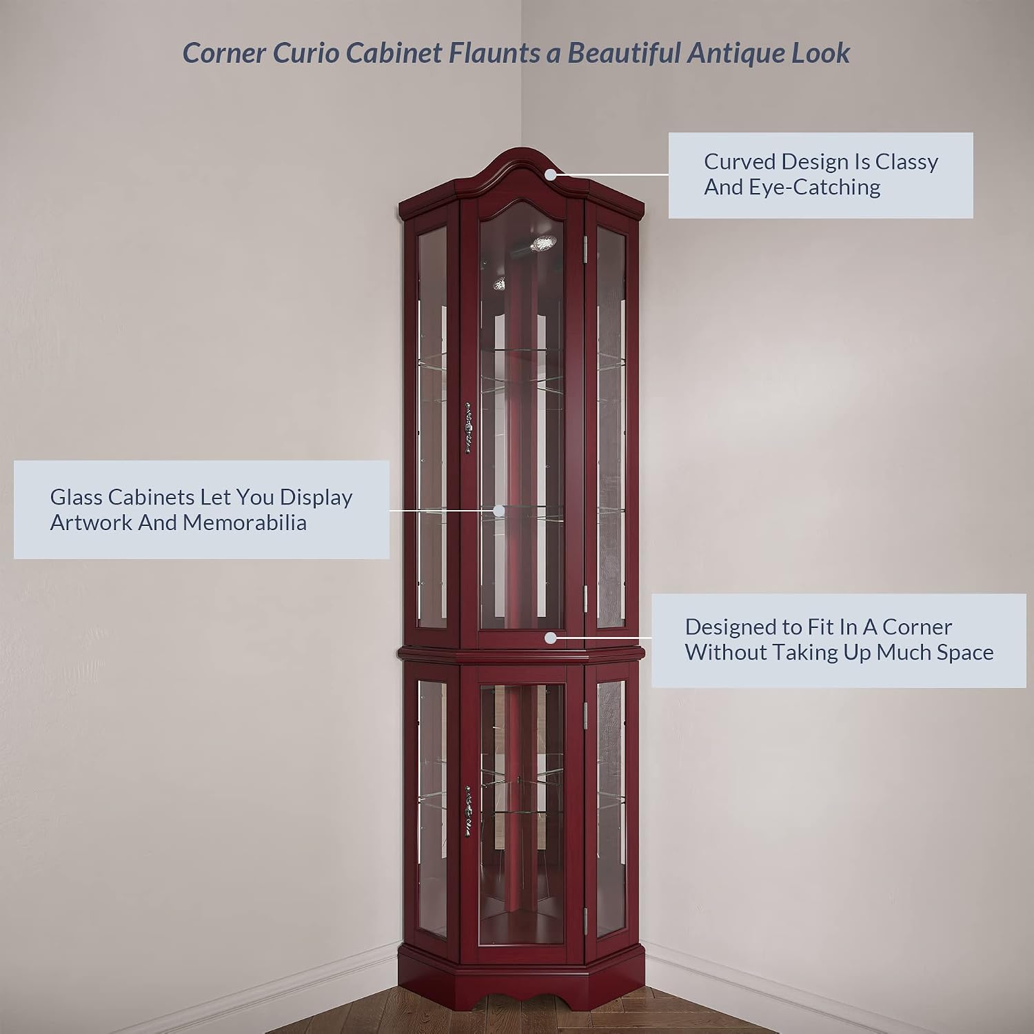 BELLEZE Lighted Corner Display Curved Top Curio Cabinet Wooden Shelving Unit with Tempered Glass Door, Bar and Liquor Storage Area with 5 Shelves - Loraine (Cherry)