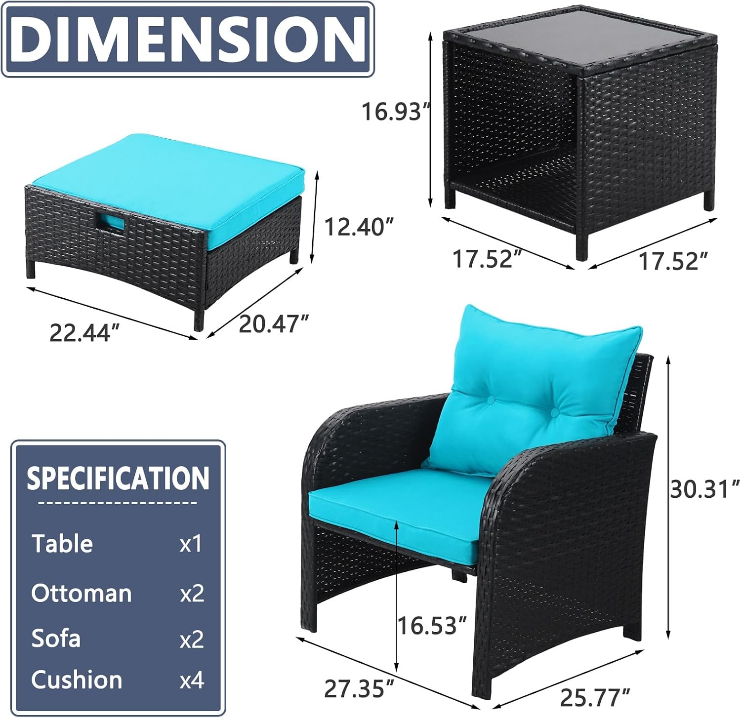 5 Piece Outdoor Chairs with Ottoman Underneath, Wicker Patio Furniture Set with Ottomans, Outdoor Conversation Set Bistro Chairs for Patio Porch Backyard Balcony, Lakeblue