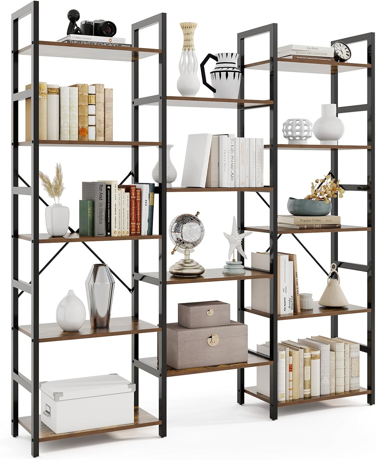 Giantex 5-Tier Industrial Bookshelf, Triple Wide Heavy-Duty Metal Frame Bookcases w/ 14 Open Shelves, Large Floor Standing Display Shelf Rack w/Anti-tip Kits, Storage Shelf for Living Room Study