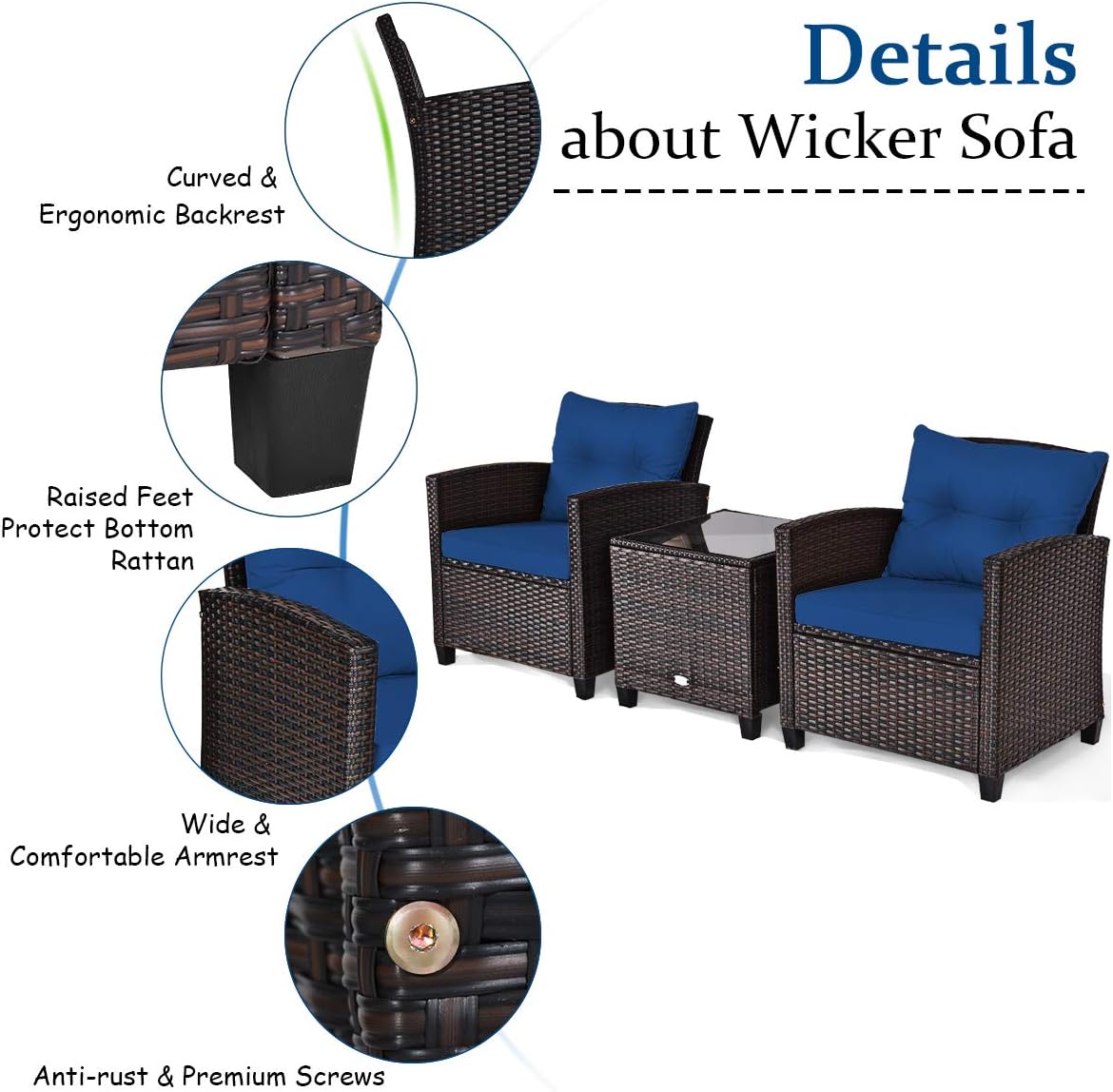 Tangkula 3 Pieces Patio Furniture Set, PE Rattan Wicker 3 Pcs Outdoor Sofa Set w/Washable Cushion and Tempered Glass Tabletop, Conversation Furniture for Garden Poolside Balcony (Blue)