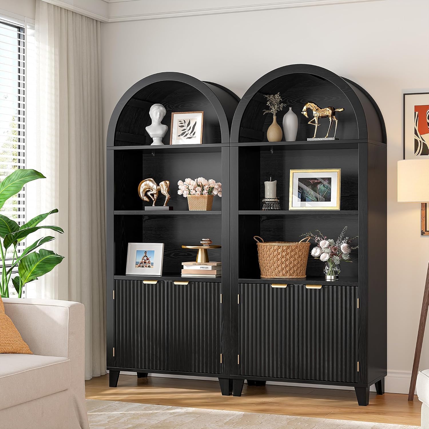 DurayLoly Book Shelf Arched Cabinet, 5-Tier Arched Bookcase with Doors and Adjustable Wood Shelves, Wooden Storage Cabinet with Open Display Shelf for Office,Living Room, Kitchen, Black