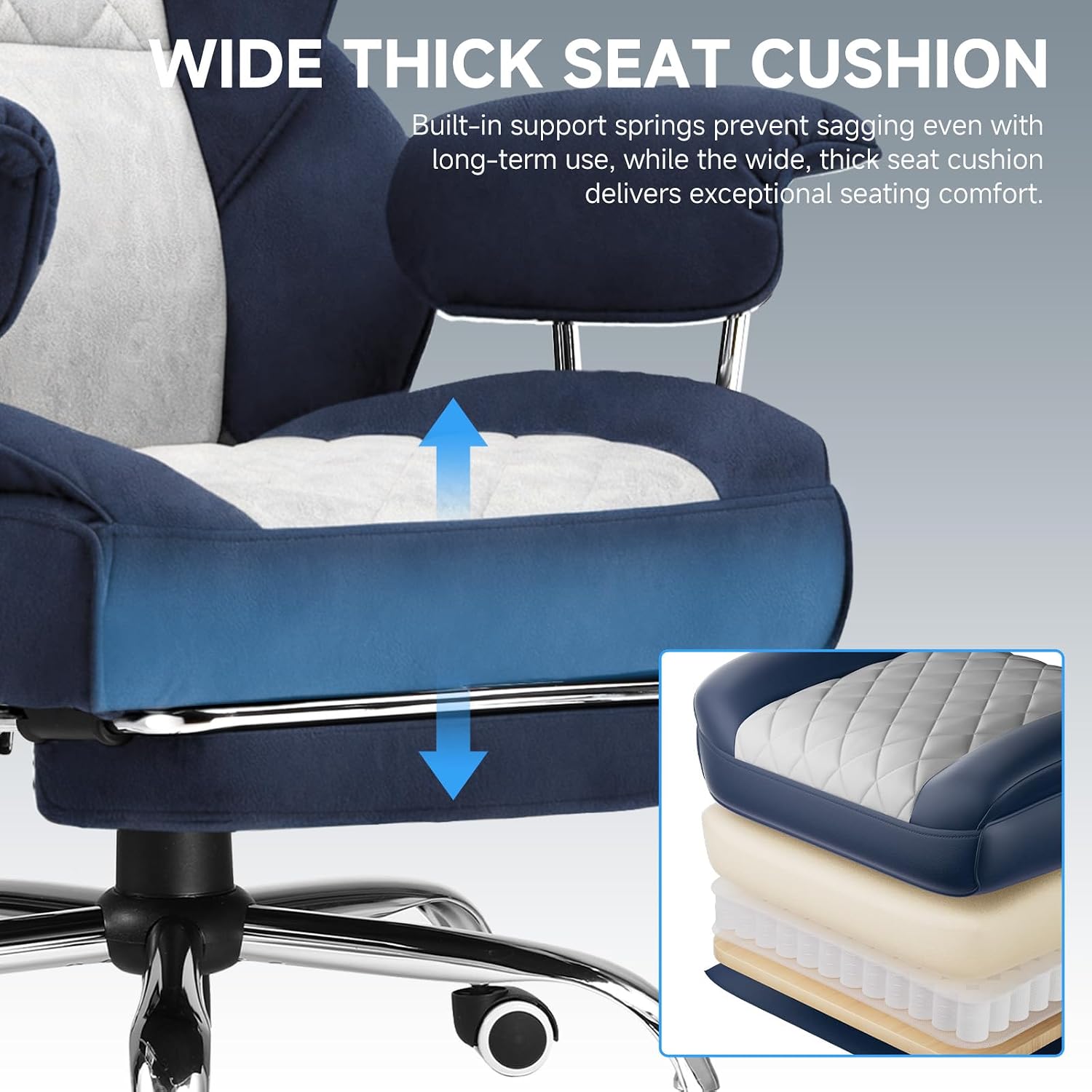 GTPLAYER Gaming Chair,Office Chair with Pocket Spring Lumbar Support, Ergonomic Comfortable Wide Office Desk Computer Chair with Outward Fixed Soft Armrests and Footrest (Fabric, Dark Blue & White)