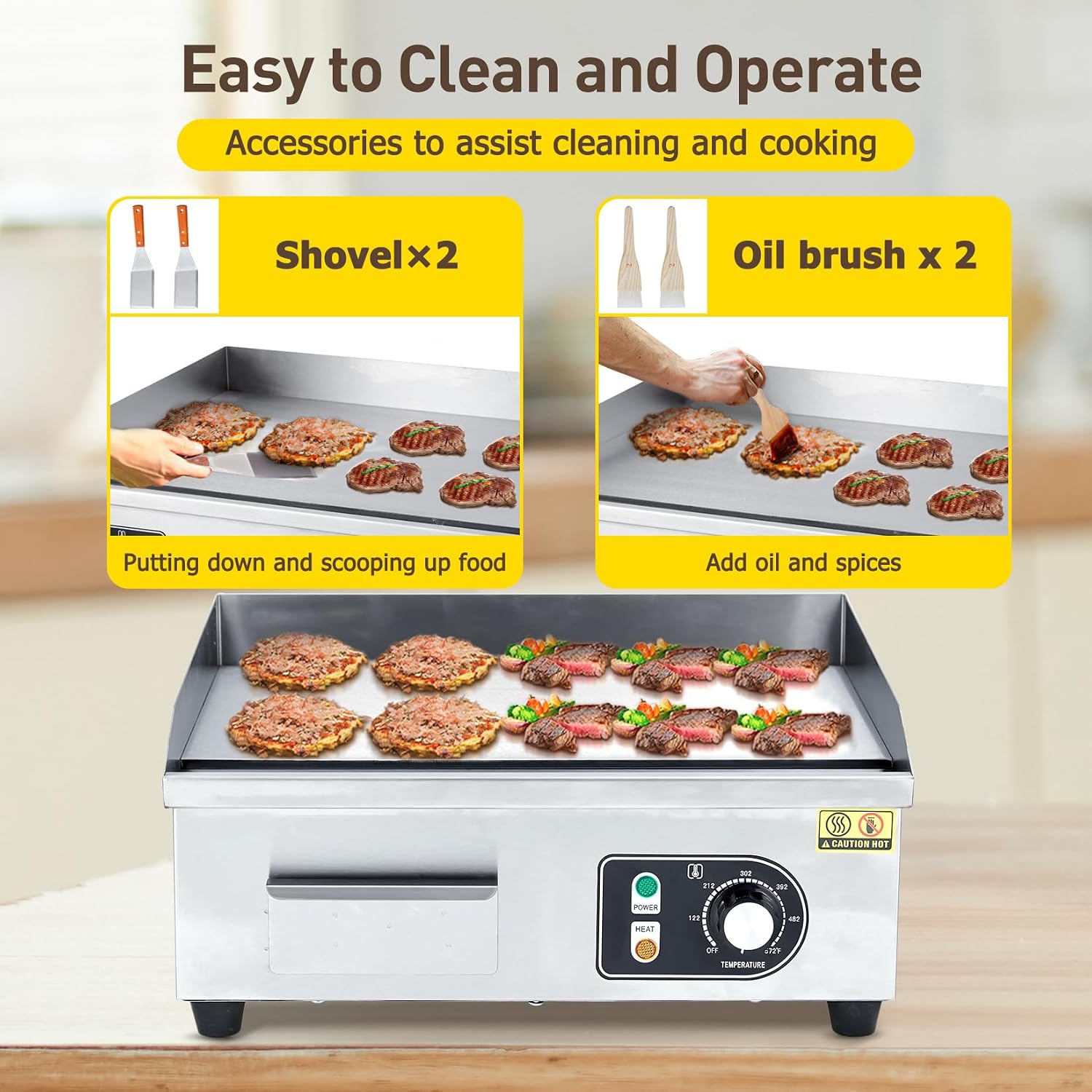 1600W 22' Half Flat Top Electric Griddle – Commercial-Grade Stainless Steel, Adjustable Temp, 2 Shovels/Brushes & Plug Included