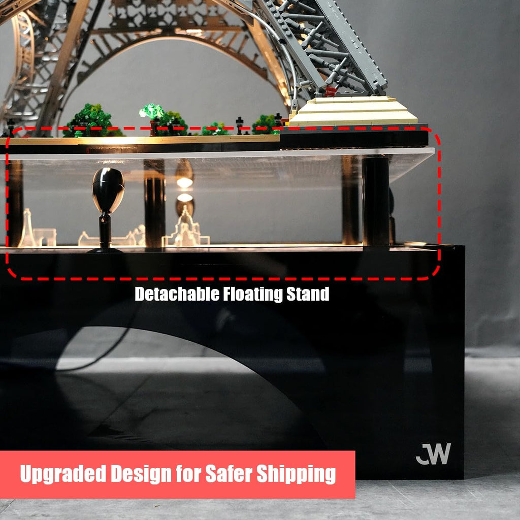 J.WOO Studio Premium LED Display Stand for LEGO 10307 Eiffel Tower (Fits 10001PCS, 59-Inch Model) | Collector Acrylic Stand with Four-Sided Spotlights & Exclusive Engraved Paris Map