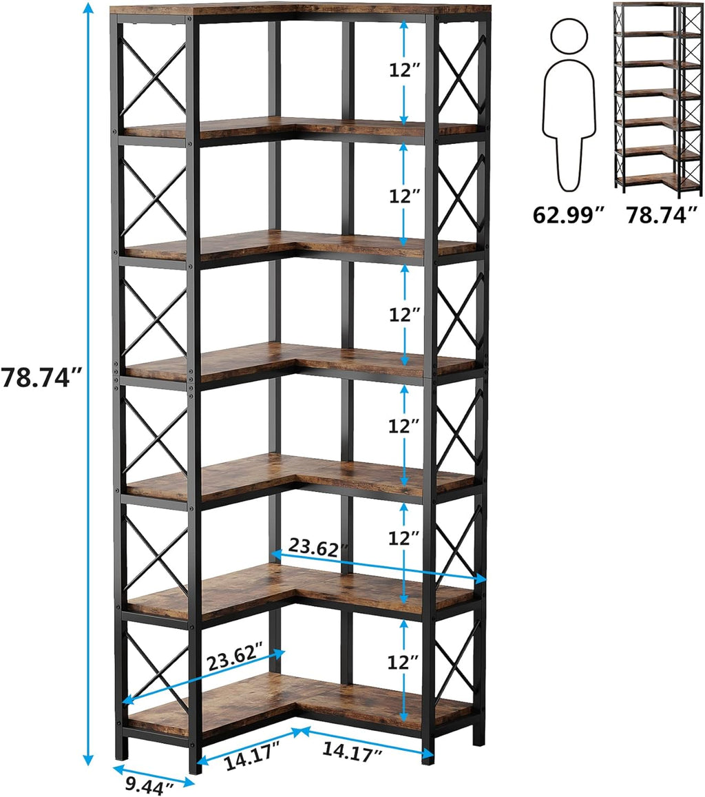 Tribesigns 7-Shelf Corner Bookshelf,Large Modern Corner Bookcase, 7-Tier Tall Corner Shelf Storage Display Rack with Metal Frame for Living Room Home Office (Rustic Brown) | Large, Corner Bookcase, Tall, Corner Shelf, Storage Display Rack, Living Room
