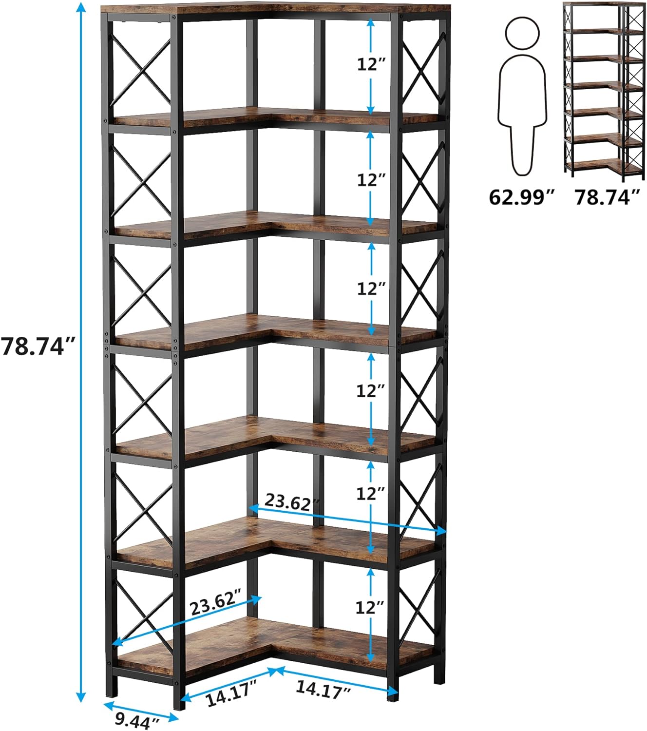 Tribesigns 7-Shelf Corner Bookshelf,Large Modern Corner Bookcase, 7-Tier Tall Corner Shelf Storage Display Rack with Metal Frame for Living Room Home Office (Rustic Brown) | Large, Corner Bookcase, Tall, Corner Shelf, Storage Display Rack, Living Room