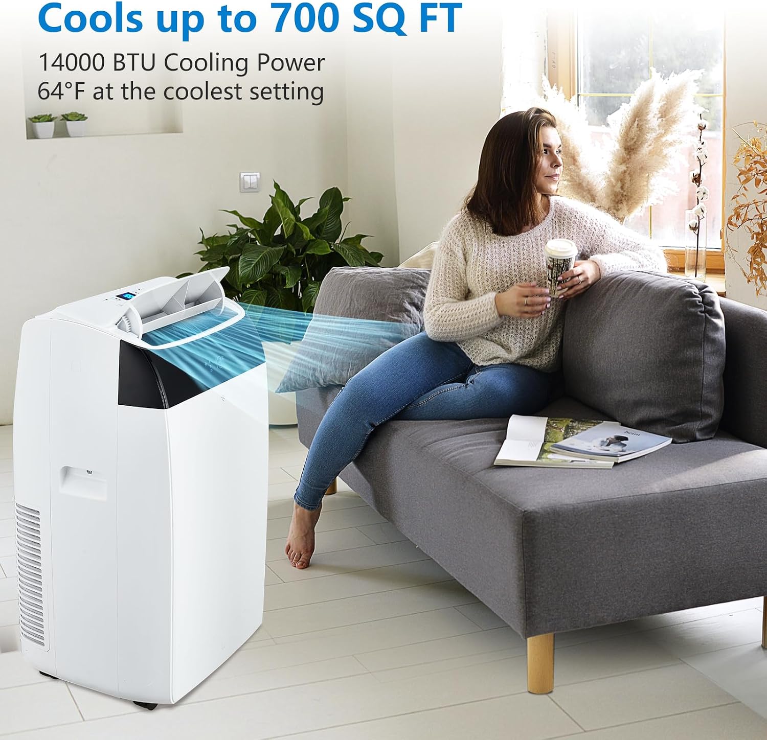 14000BTU Portable Air Conditioners with Remote Control and 24H Timer, KOKEBREN 3 IN 1 Low Noise Portable AC Unit with Dehumidifier and Fan, up to 750Sq. Ft. For Bedroom, Living Room, Office