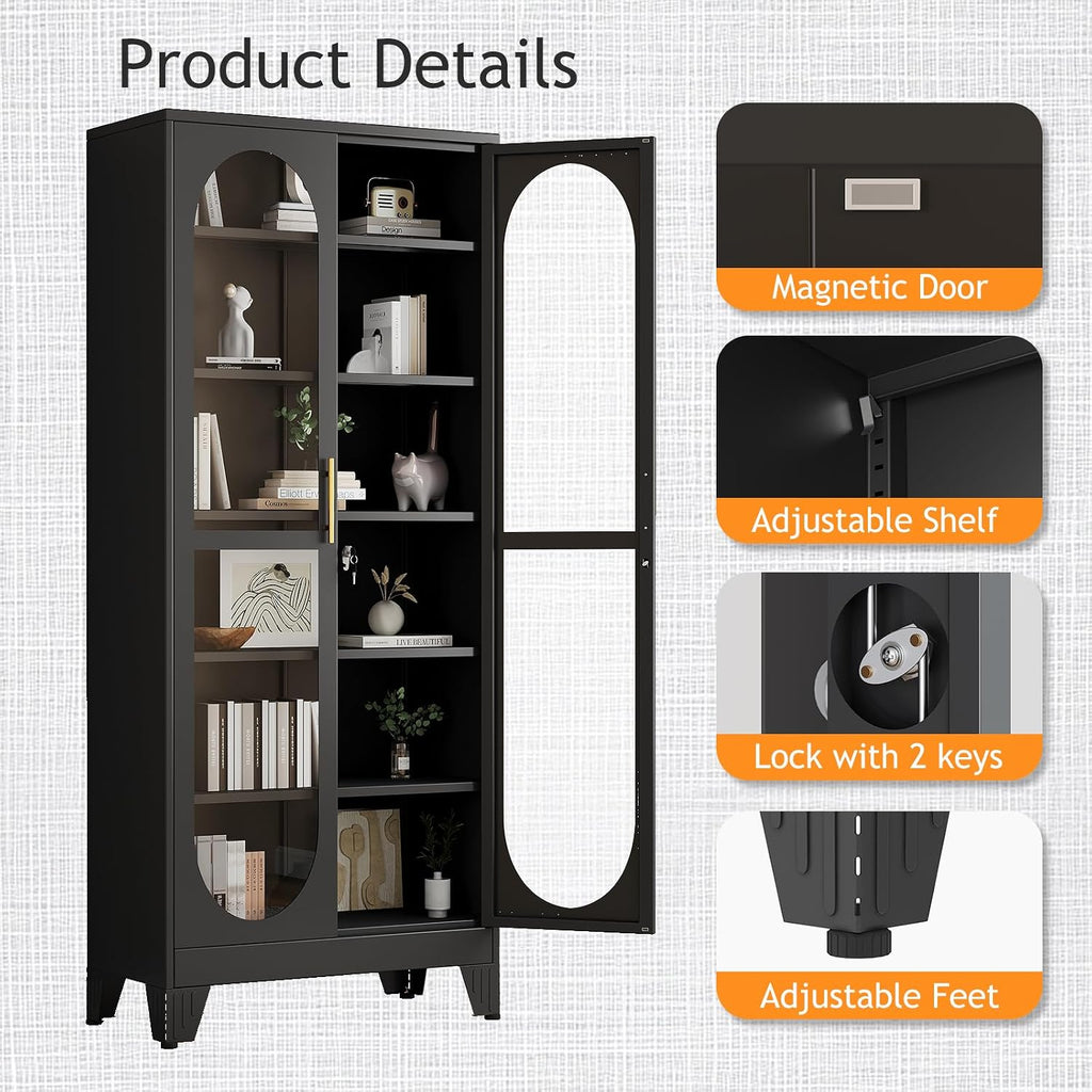 PAOFIN 75' H Locking Display Cabinet with Glass Door, Metal Curio Cabinets with 5 Adjustable Shelves, Tall Liquor Cabinet Display Case for Living Room, Wine, Clinic, Home - Assembly Required Black