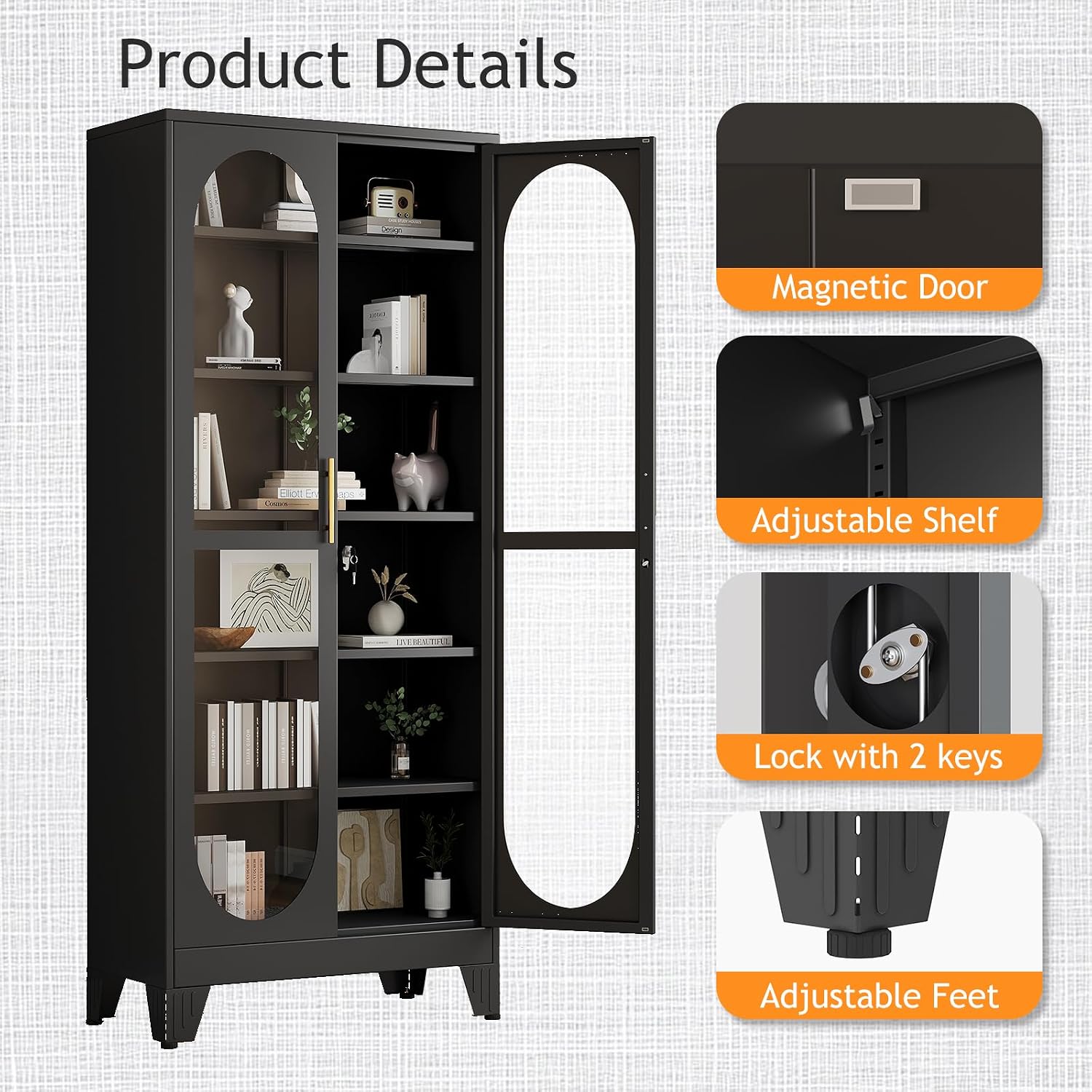 PAOFIN 75' H Locking Display Cabinet with Glass Door, Metal Curio Cabinets with 5 Adjustable Shelves, Tall Liquor Cabinet Display Case for Living Room, Wine, Clinic, Home - Assembly Required Black