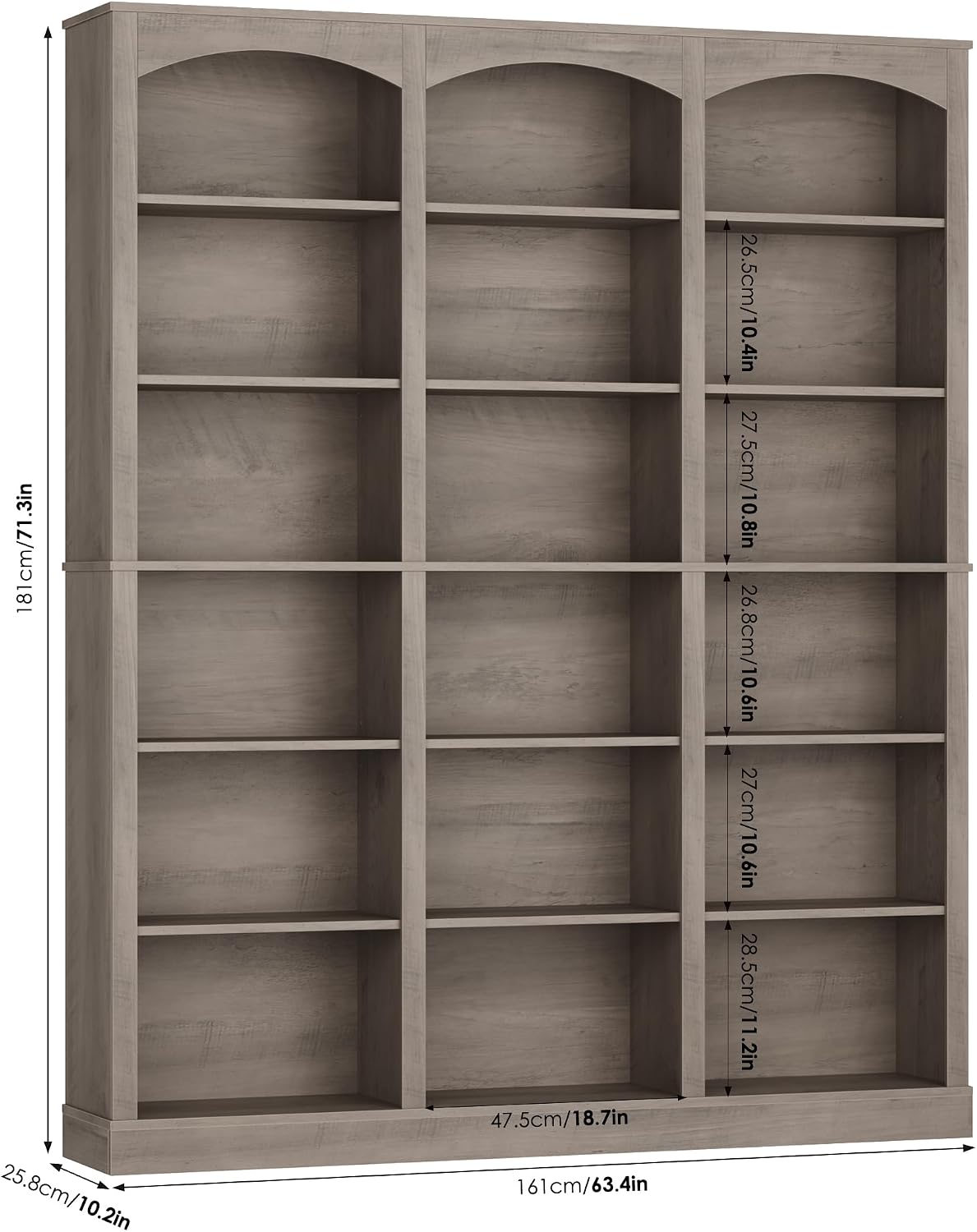 FACBOTALL 71' Triple Wide Bookshelf, 6 Tier Tall Bookshelf, Large Bookcase with Curved Baffle, 63.4' Wide Book Shelf with 18 Open Display Shelves for Living Room, Study, Gray