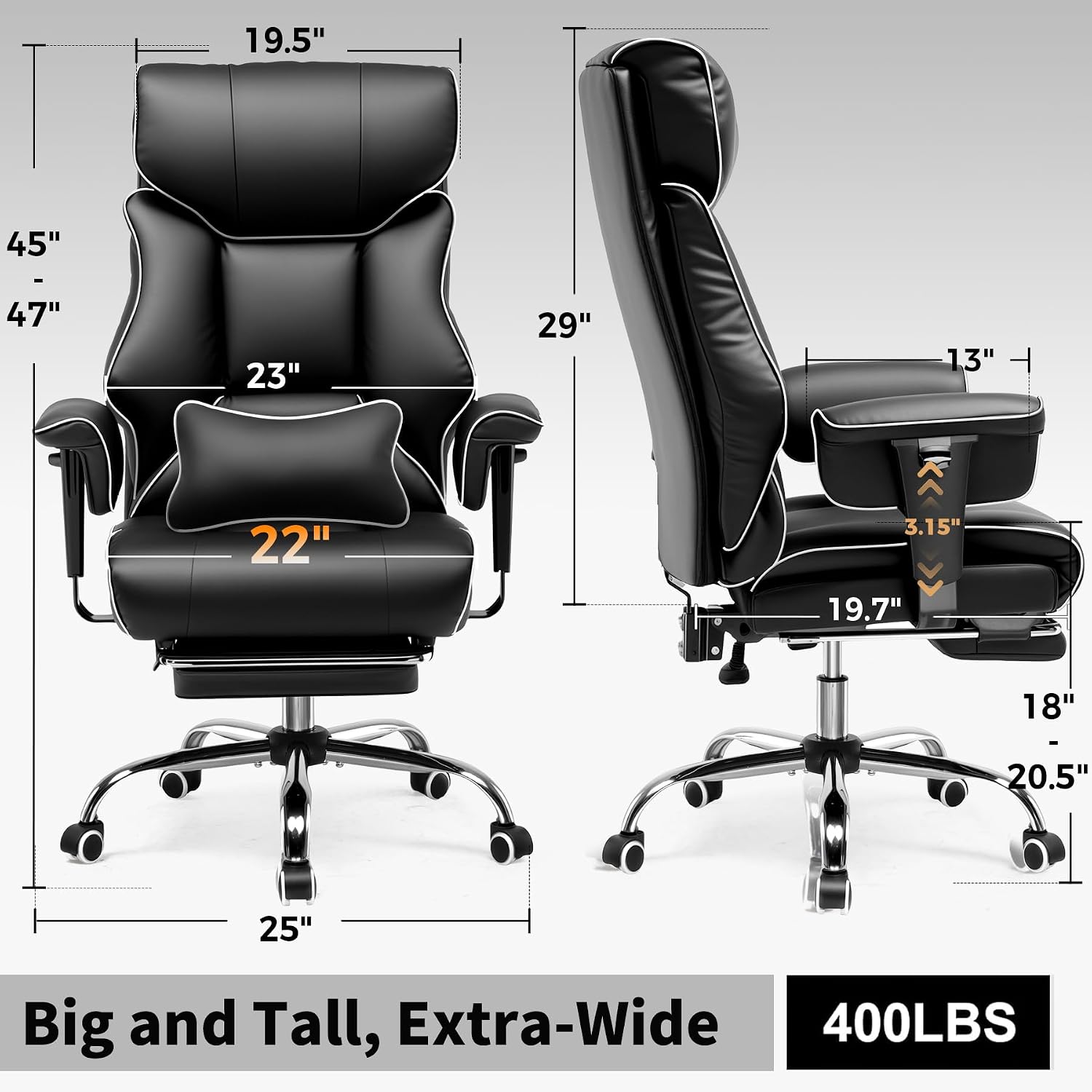 GTPLAYER Big and Tall Gaming Chair 400lbs Heavy Duty Office Chair with Foot Rest & Ergonomic Pocket Spring Cushion, High Back Lumbar Support for Lower Back Pain Relief, White/Black