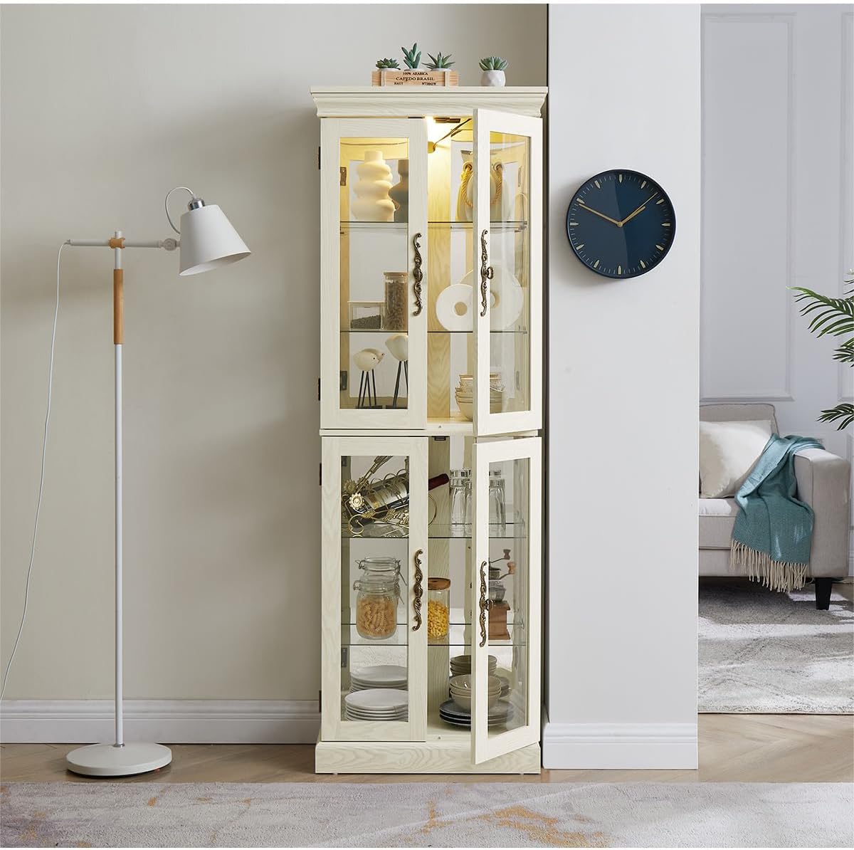 Lighted Glass Curio Cabinet with Lights & Adjustable Shelves,White Corner Curio Display Cabinet with Wood Frame (Free Standing,Light Bulb Include)