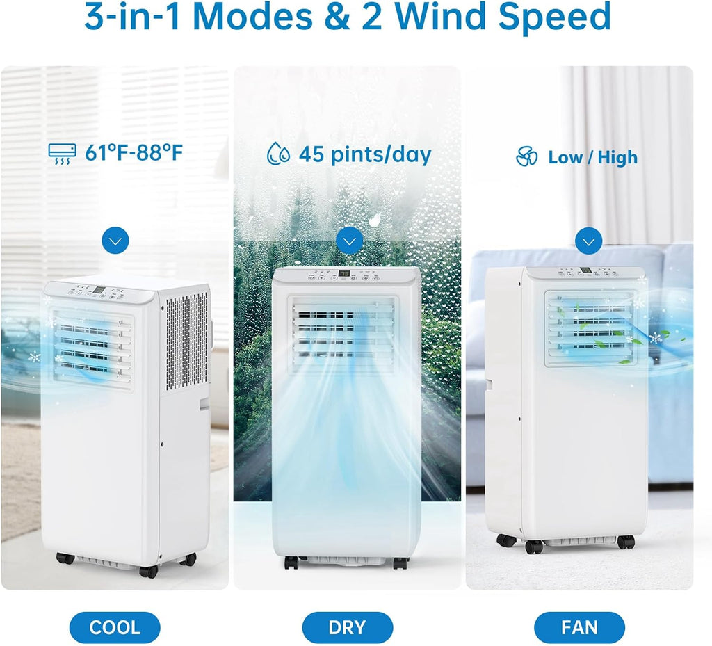 GarveeTech 8000Btus Portable Air Conditioner AC Unit 3 in-1 Air Conditioners w/Dehumidifier & Fan Modes Auto Evaporation for Home up to 350 sq. ft. Complete Window Mount Exhaust Kit, 24H Timer