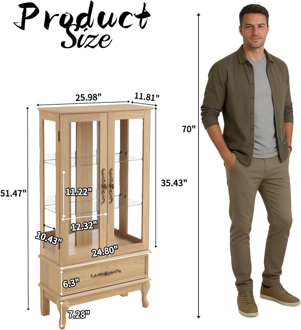 51' H Lighted Curio Display Cabinet with 2 Doors & 1 Drawer, Wooden Glass Curio Showcase w/Adjustable Shelves & Mirrored Back Panel, Storage Cabinet Display Case for Living Room (Light Oak)