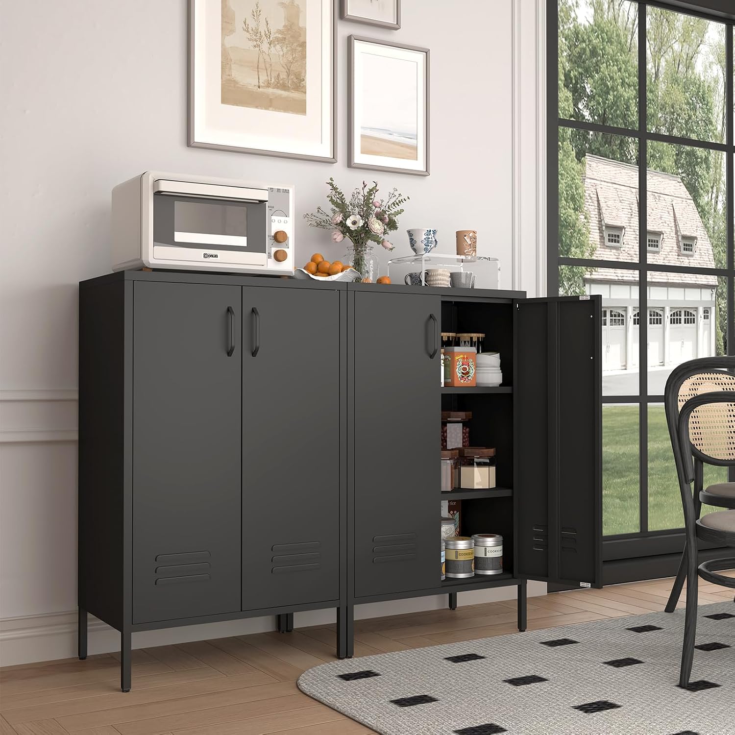 IRONFFICE Metal Storage Cabinet,Metal Cabinets with Doors and Adjustable Shelves,2 Door Locker Storage Cabinets with Legs,Morden Accent Cabinets for Living Room,Home Office,Black