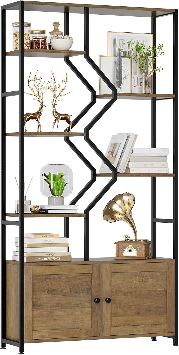 76' Tall Shelf with Storage Cabinet Doors, 6 Tier Open Bookshelf for Multi-use Display, Staggered Book Shelf Etagere Bookcase for Home Office/Living Room, Deep Metal & Wood Accent Shelf, Rustic Brown