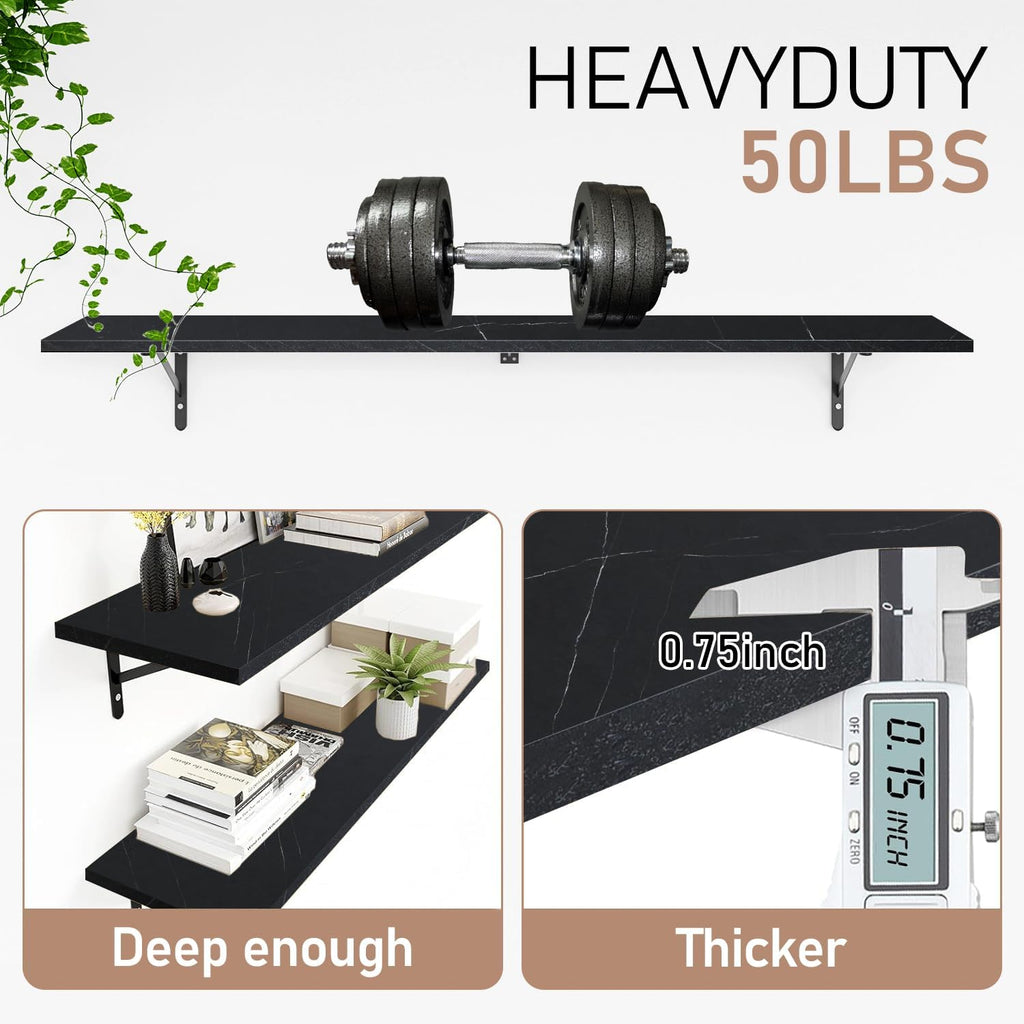 Kaboon 55 inch Long 10 inch Deep Floating Shelves for Wall Set of 2, Large Open Shelves Wall Mounted, Space Saving Home and Commercial Use, Cloud Atlas/Black Marble