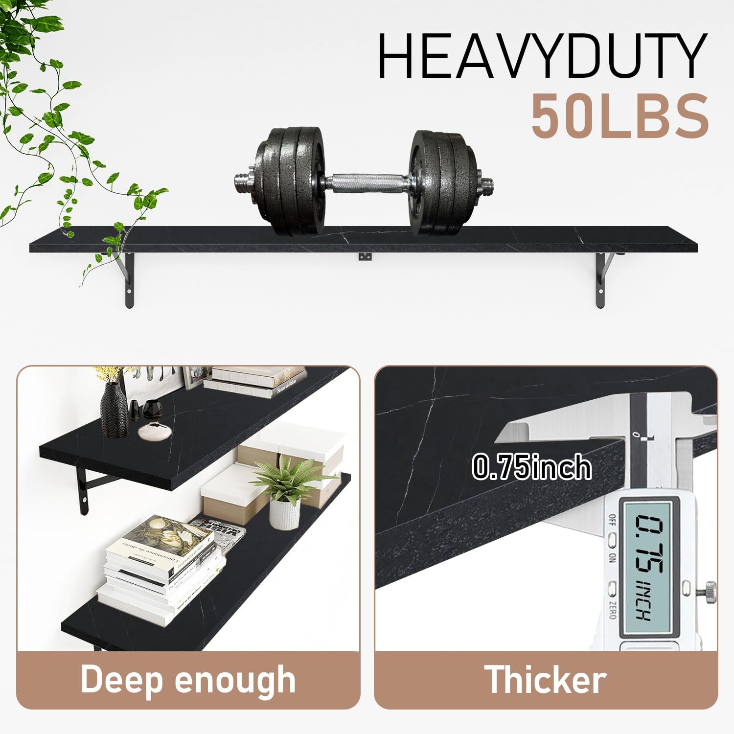 Kaboon 55 inch Long 10 inch Deep Floating Shelves for Wall Set of 2, Large Open Shelves Wall Mounted, Space Saving Home and Commercial Use, Cloud Atlas/Black Marble