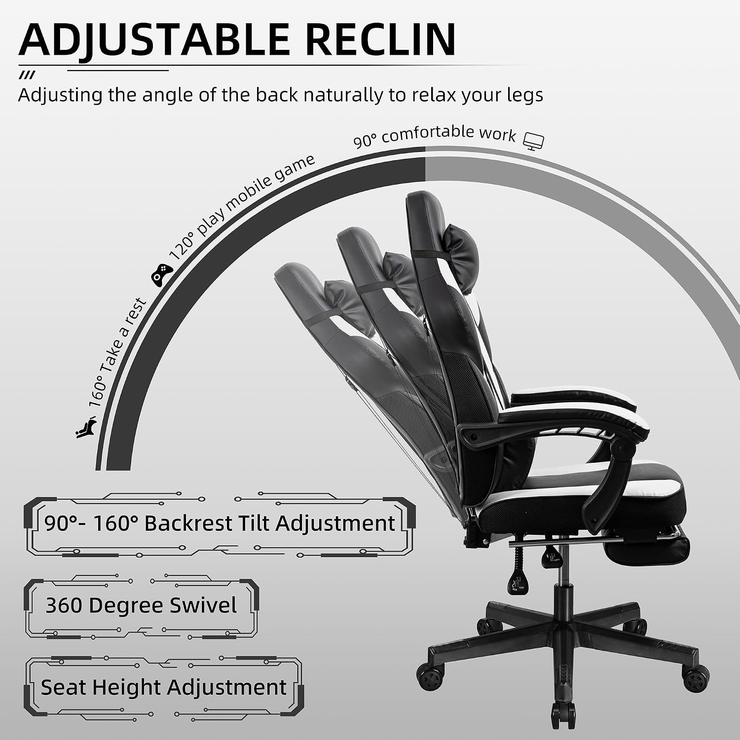 Shintenchi Gaming Chair,Video Game Chair with footrest and Massage Lumbar Support,Height Adjustable Game Chair with 360°Swivel Seat Ergonomic Computer Chair with Headrest for Office or Gaming(White)