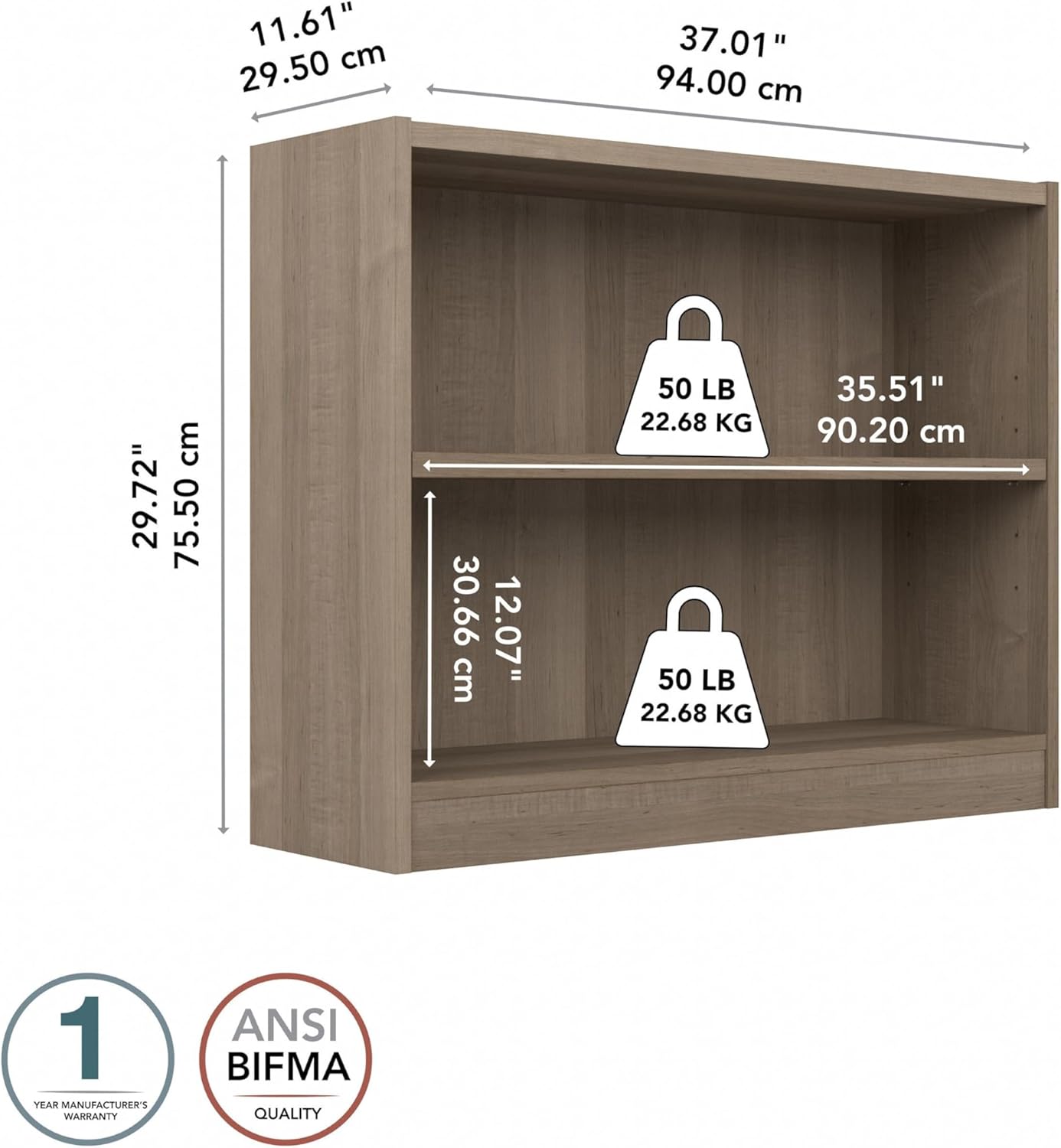 Bush Home Small 2 Shelf Bookcase, 2 Tier Bookshelf Storage Cabinet with Adjustable Shelf for Living Room, Bedroom or Home Office, Universal Collection, Ash Gray