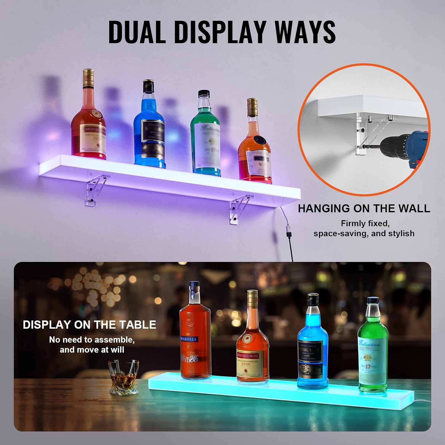 VEVOR LED Lighted Liquor Bottle Display, 1 Tier 30 Inch Wall Mounted Whiskey Rack Stand, 1 Step Commercial Illuminated Home Bar Shelf, Acrylic Drinks Light Shelves with RF Remote & App Control
