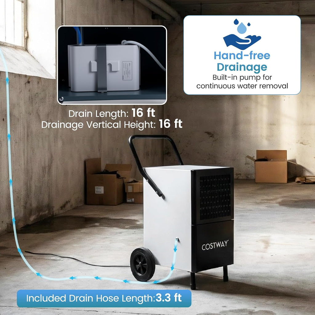 COSTWAY 189 Pints Commercial Dehumidifier with Pump, 3.3Ft Drain Hose & Wheels, Industrial Dehumidifier for Basement, Warehouse, Job Sites & Large Space Up to 7,500 Sq.Ft