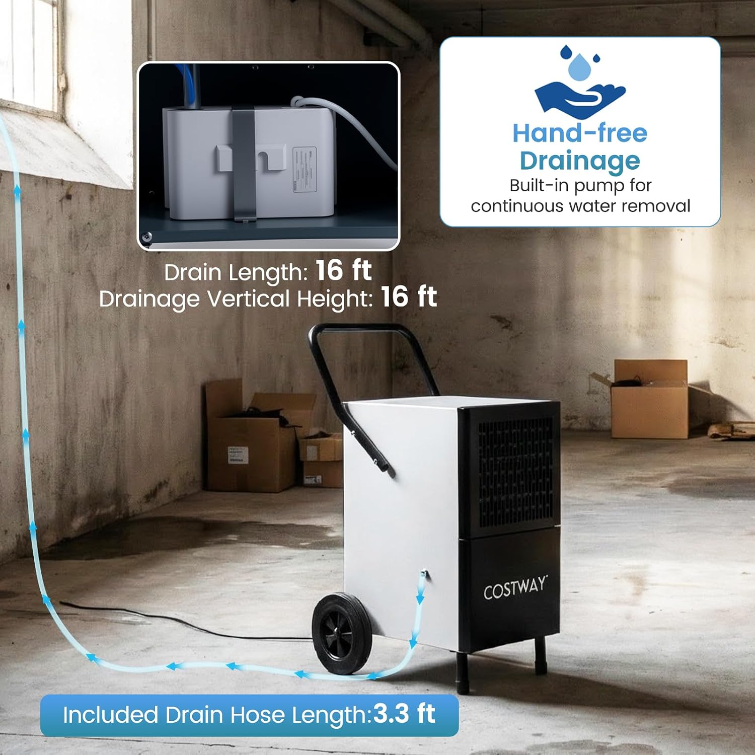 COSTWAY 189 Pints Commercial Dehumidifier with Pump, 3.3Ft Drain Hose & Wheels, Industrial Dehumidifier for Basement, Warehouse, Job Sites & Large Space Up to 7,500 Sq.Ft