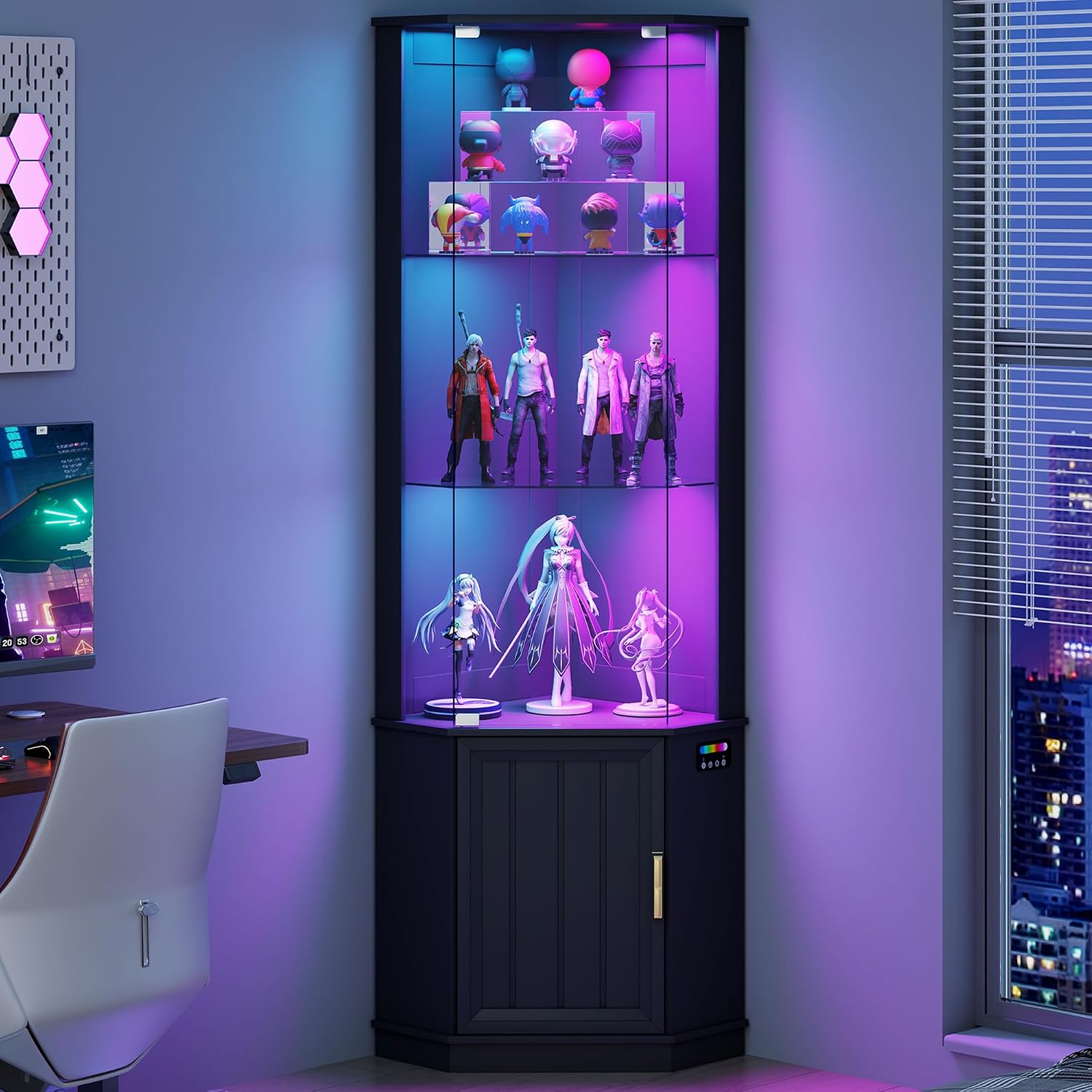Lvifur 69' Corner Display Cabinet with RGB Lights,3-Tier Movable Glass Shelves,Curio Display with Human Body Sensor,Bookcase with Storage Cabinet for Toys,Books,Collectibles,Liquor,Black
