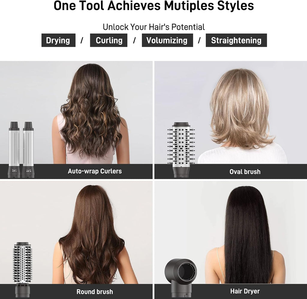 MESCOMB 5 in 1 Hot Air Brush Set - 110,000 RPM Hair Dryer for Fast Drying, Multi-Styler with Auto-Wrap Curlers, Straightening and Volumizing Brush(Gray)