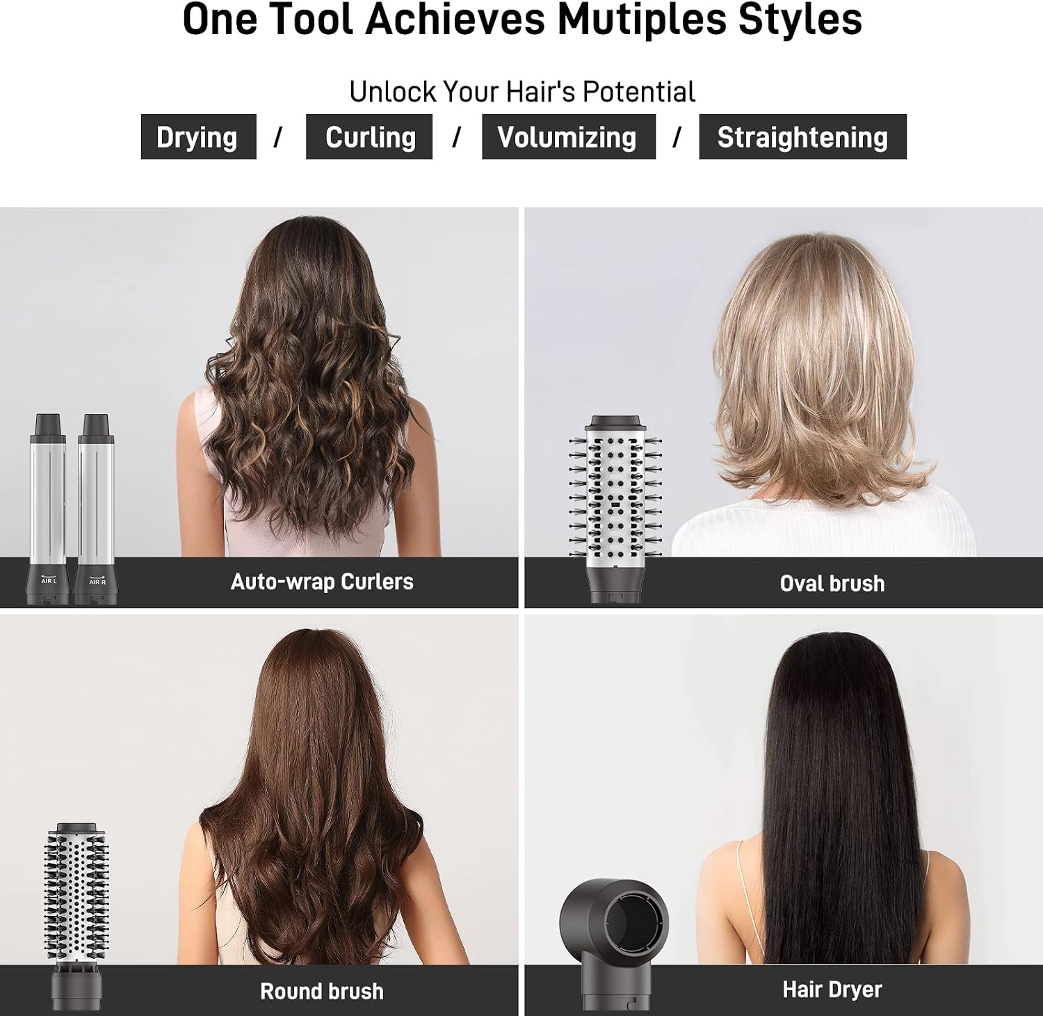 MESCOMB 5 in 1 Hot Air Brush Set - 110,000 RPM Hair Dryer for Fast Drying, Multi-Styler with Auto-Wrap Curlers, Straightening and Volumizing Brush(Gray)