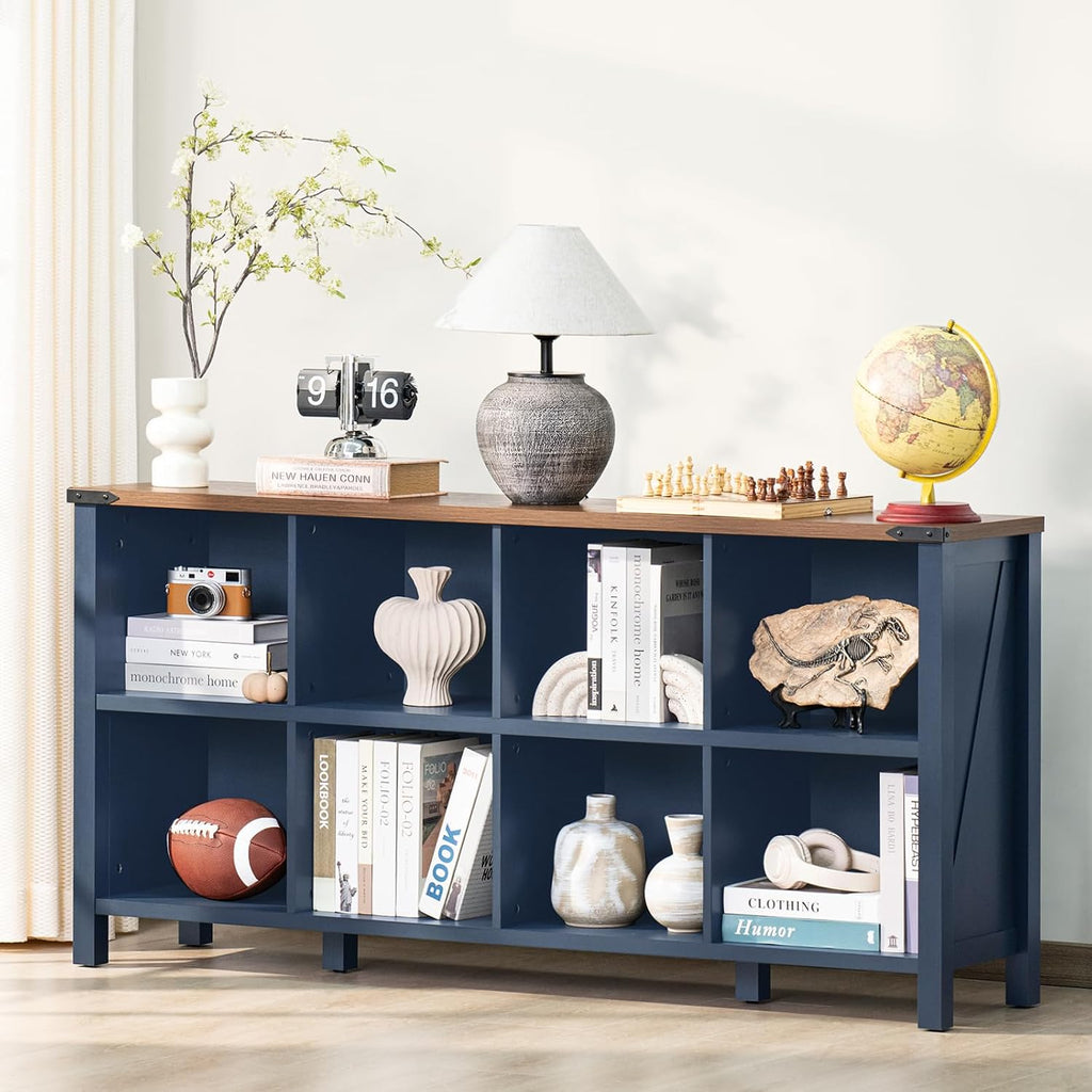 Joaxswe 8 Cube Book Shelf, Farmhouse Wood Long Storage Organizer Bookcase, 62' Horizontal Navy Blue Console Closet Bookshelf, Hallway TV Stand for Entryway, Display Cabinet Book Case for Living Room