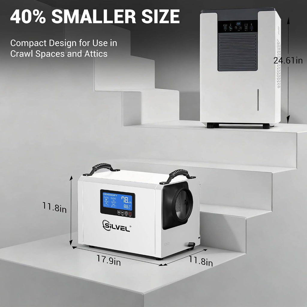 SILVEL 145 Pints Crawl Space Dehumidifier with Drain Hose, Portable Commercial Dehumidifier for Basement and Whole Home, Smart Automatic Defrost, Memory Start, Up to 6000 Sq.Ft, White