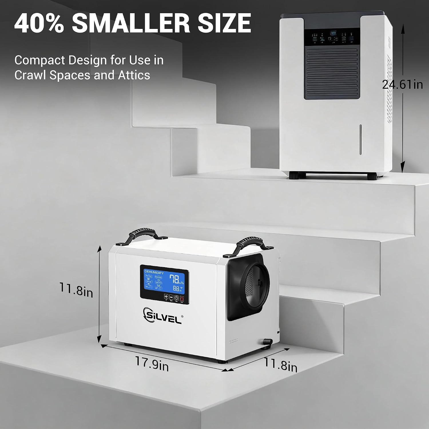 SILVEL 145 Pints Crawl Space Dehumidifier with Drain Hose, Portable Commercial Dehumidifier for Basement and Whole Home, Smart Automatic Defrost, Memory Start, Up to 6000 Sq.Ft, White