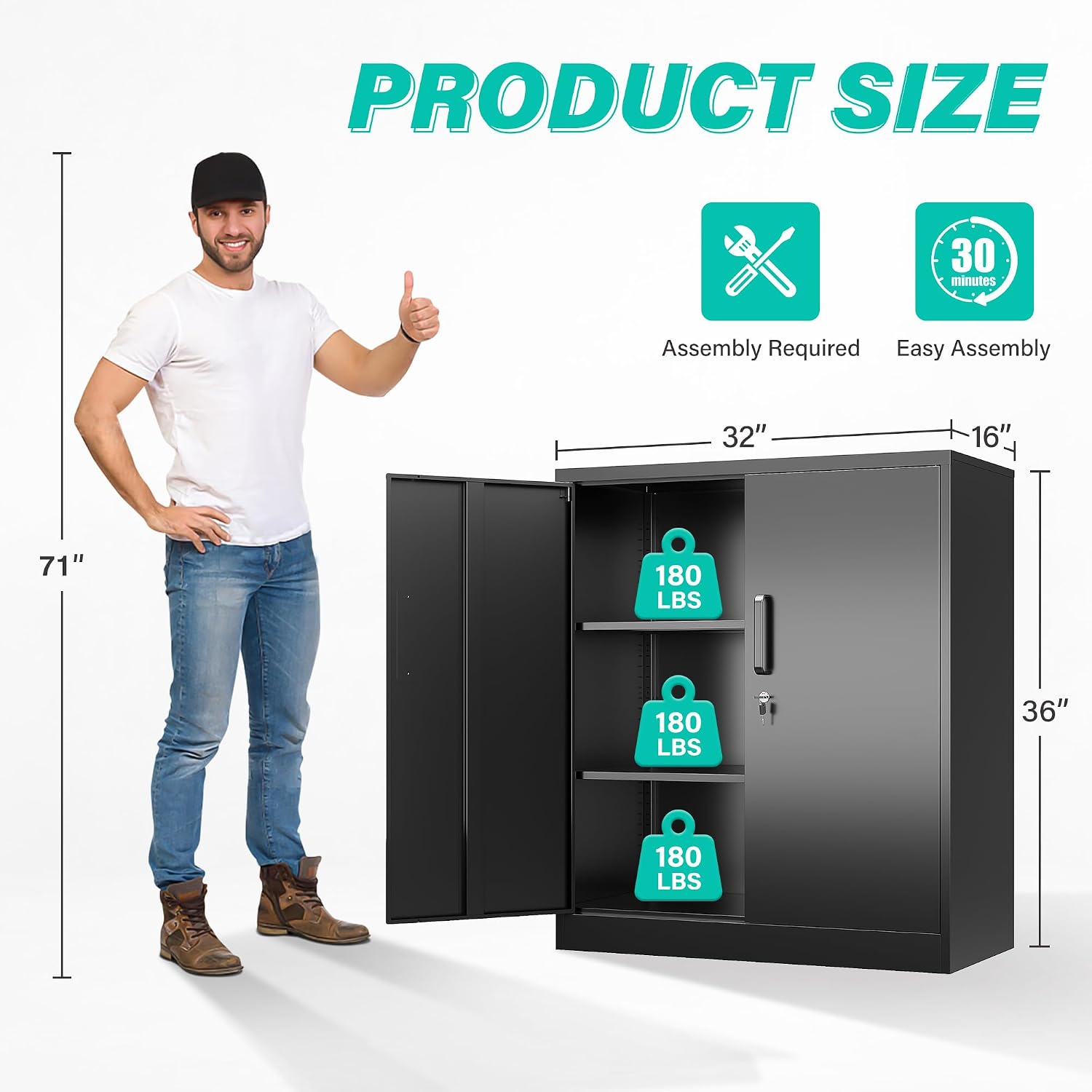 SISESOL Metal Storage Cabinet Locked Steel Cabinet with 2 Adjustable Shelves,Office Cabinet Locking Tool Cabinets,Kitchen Storage Cabinets Metal Locker Small Counter Height Storage Cupboard 36' H